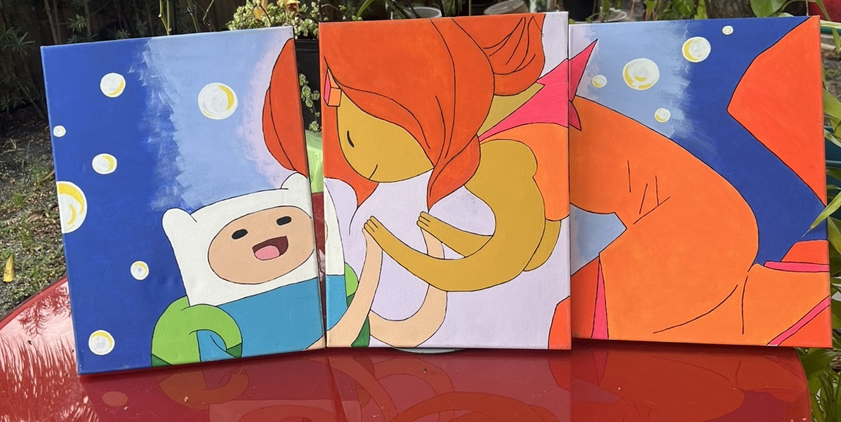 Finn, Flame Princess, and BMO from Adventure TIme Art