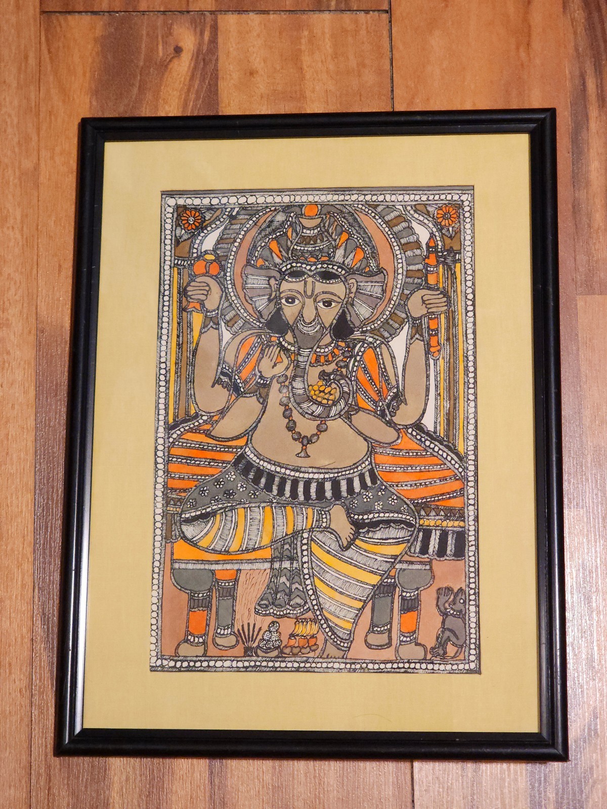 Vintage Hand-Painted Madhubani Ganesha Painting Mithila Folk Art Framed 11×14