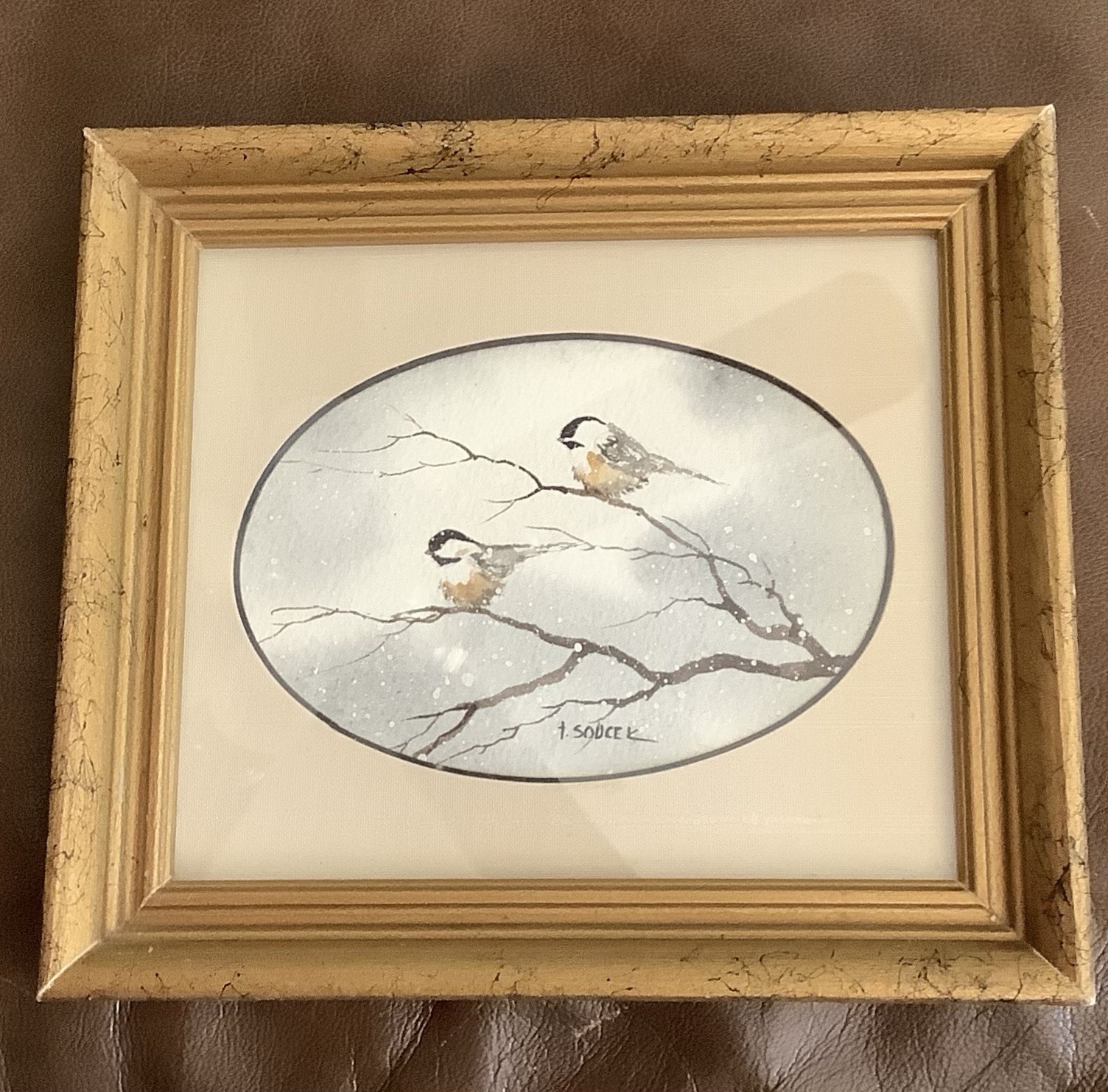 T Sources Framed Chickadee Bird Watercolor Painting Wall Art Signed Small