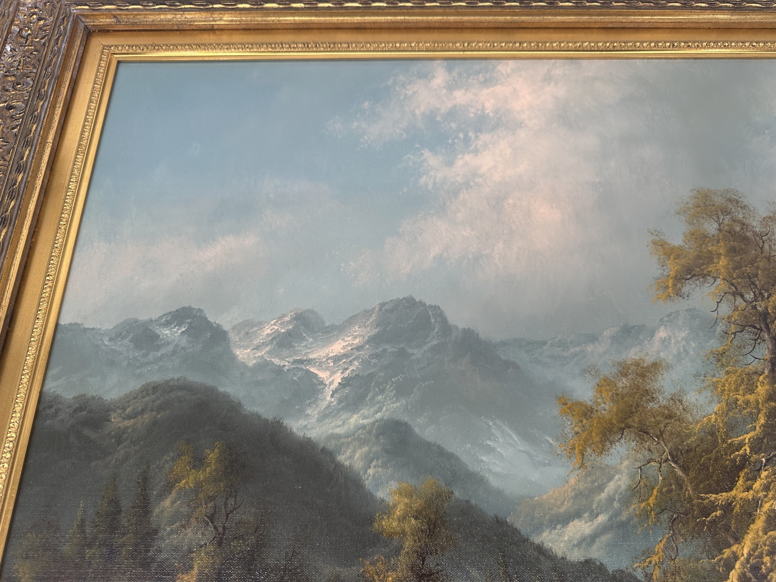 Ludwig Muninger Alpine Landscape Scene Oil Painting Framed 33″ x 41″