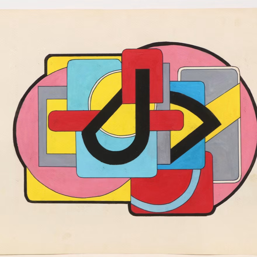 Vintage Geometric Double-Sided Gouache Painting, 20th century -abstract, mcm-