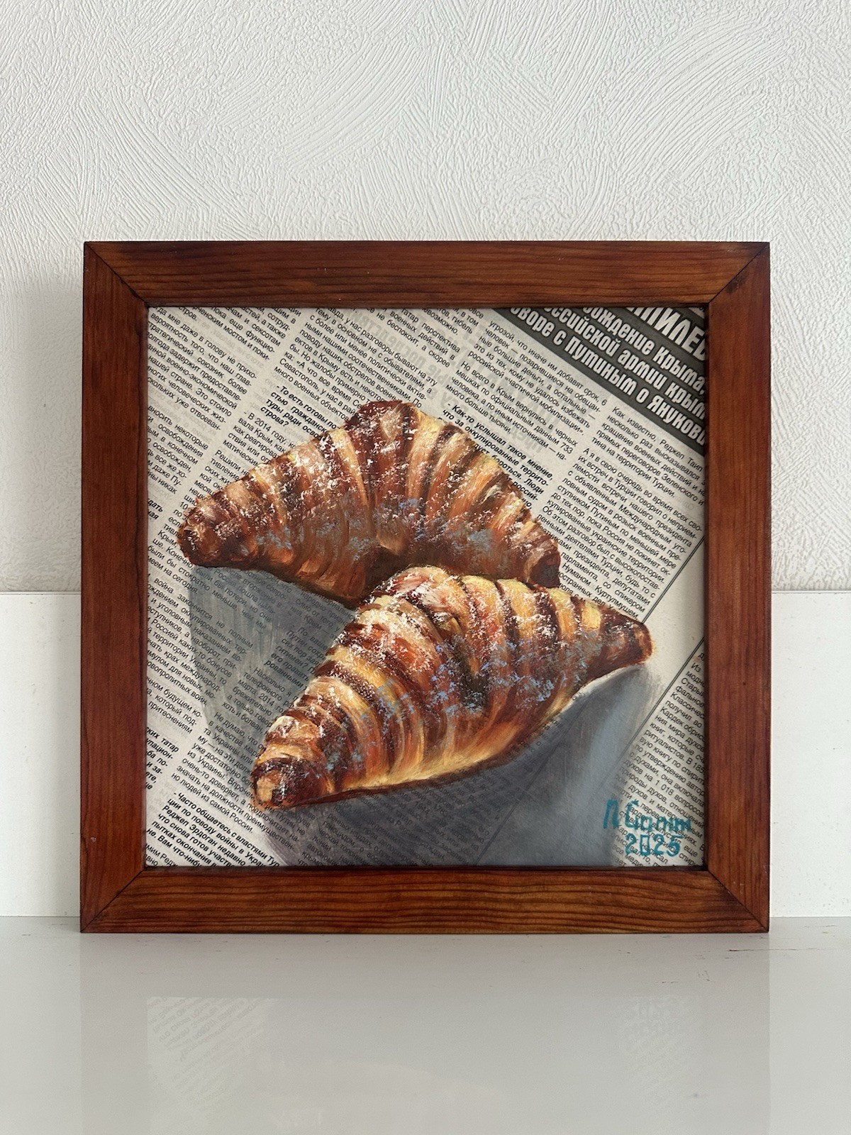 original oil painting Croissants On Newspaper 25x25cm Art For Kitchen Still Life