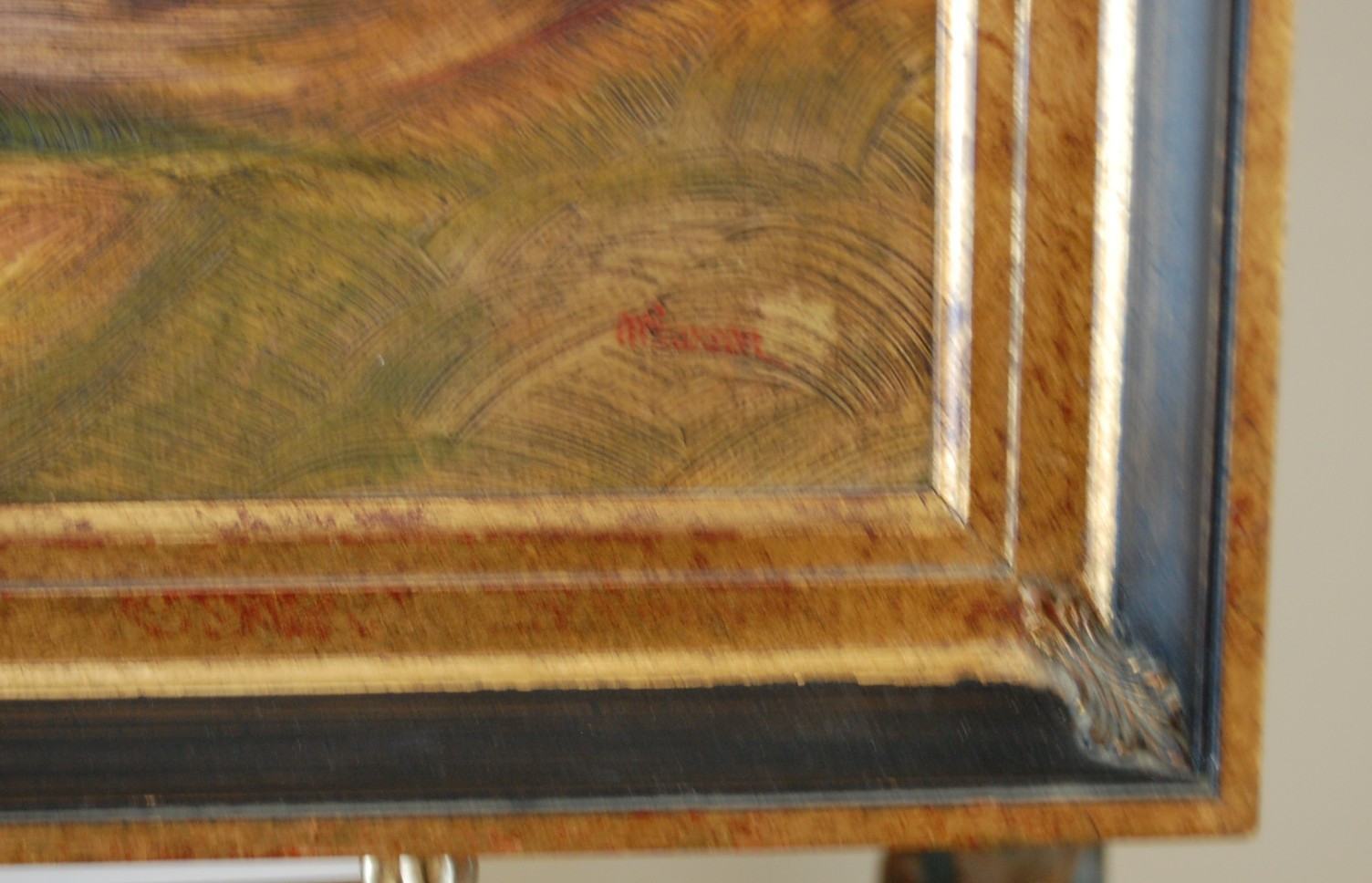 VINTAGE 1990’S FRAMED ABSTRACT OIL SEASHORE AT DUSK LANDSCAPE ARTIST: M. PEARSON