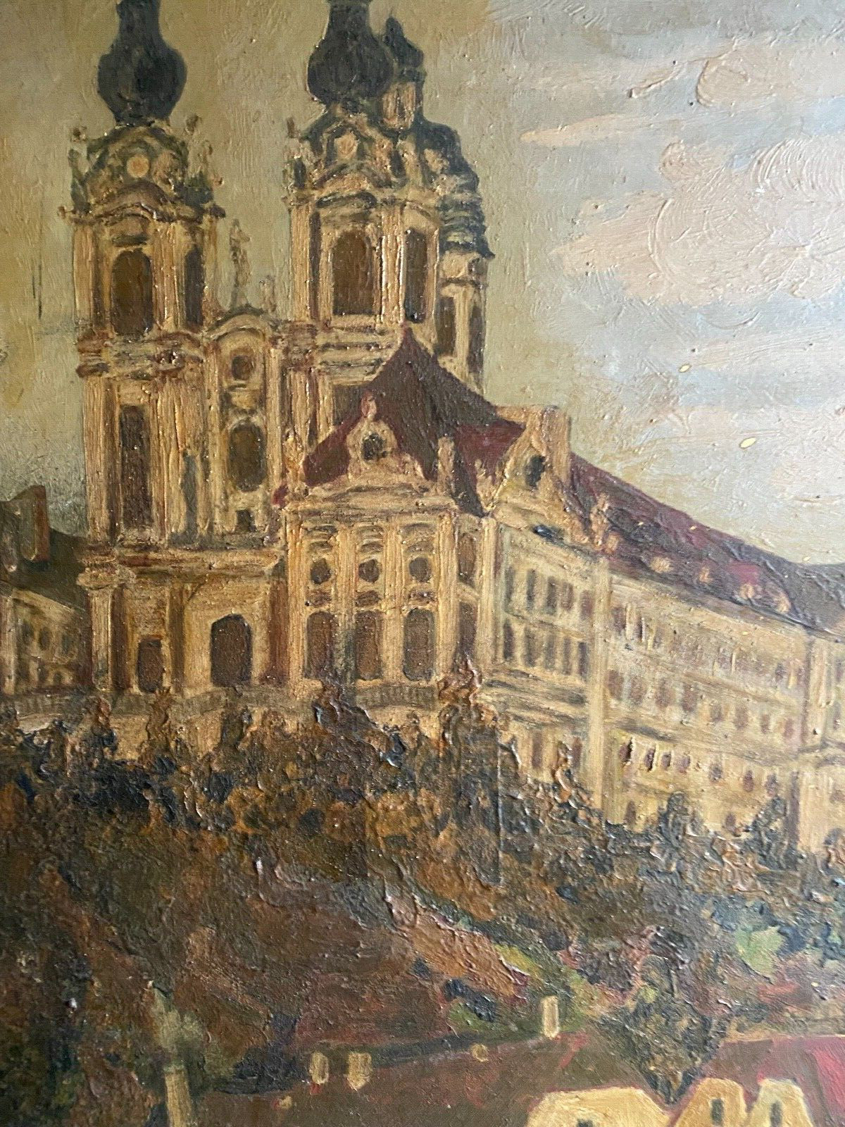 Oil Painting Um 1920 Pencil Milking at The Danube Church Expressionist Antique