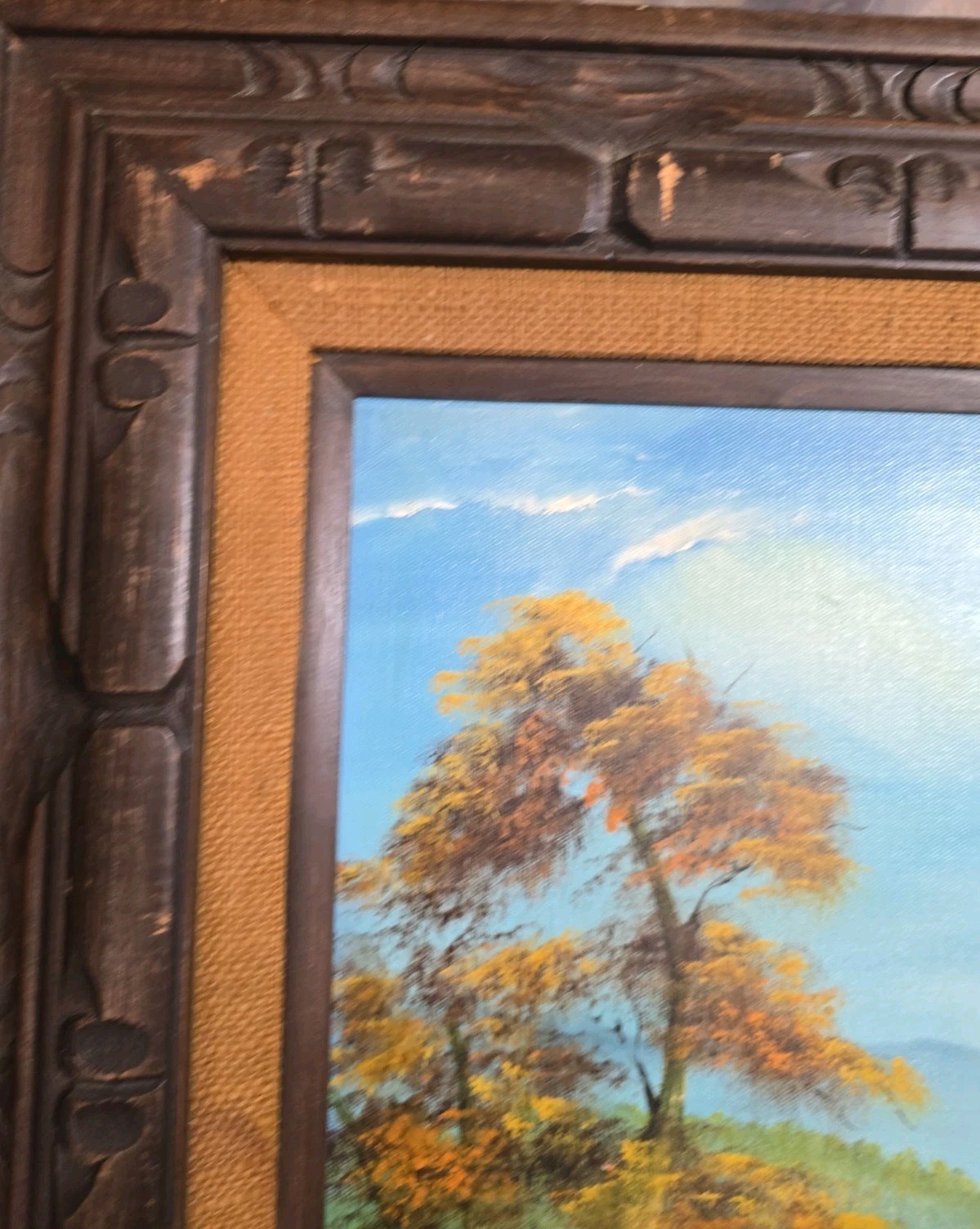 Vintage 70s Mountain Lake Landscape Oil Painting Signed Cole Carved Wood Frame