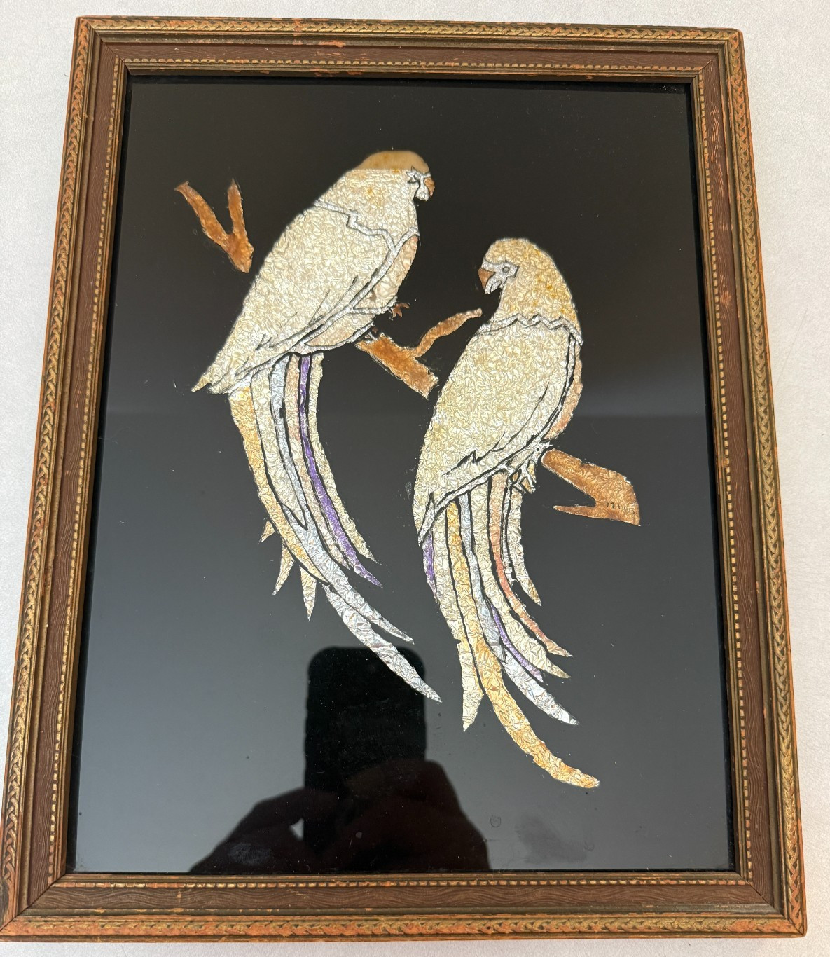 Vintage Foil Art – Reverse Glass Painting – 2 Parrots Birds – 13″ x 10″
