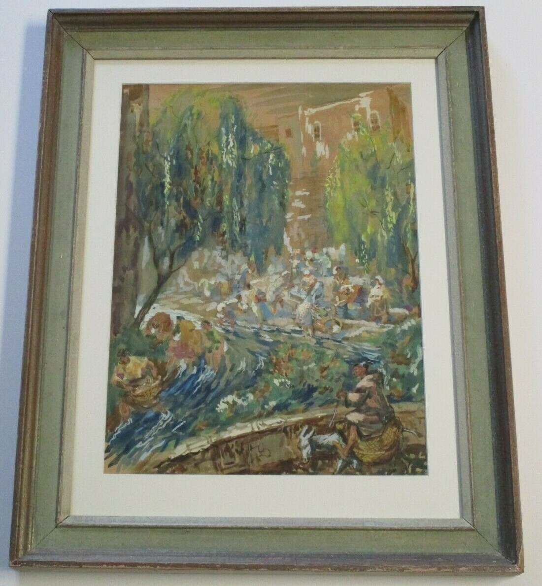 MASTERFUL ANTIQUE IMPRESSIONISM PAINTING PEOPLE WASHING CLOTHES LUKS STYLE ERA