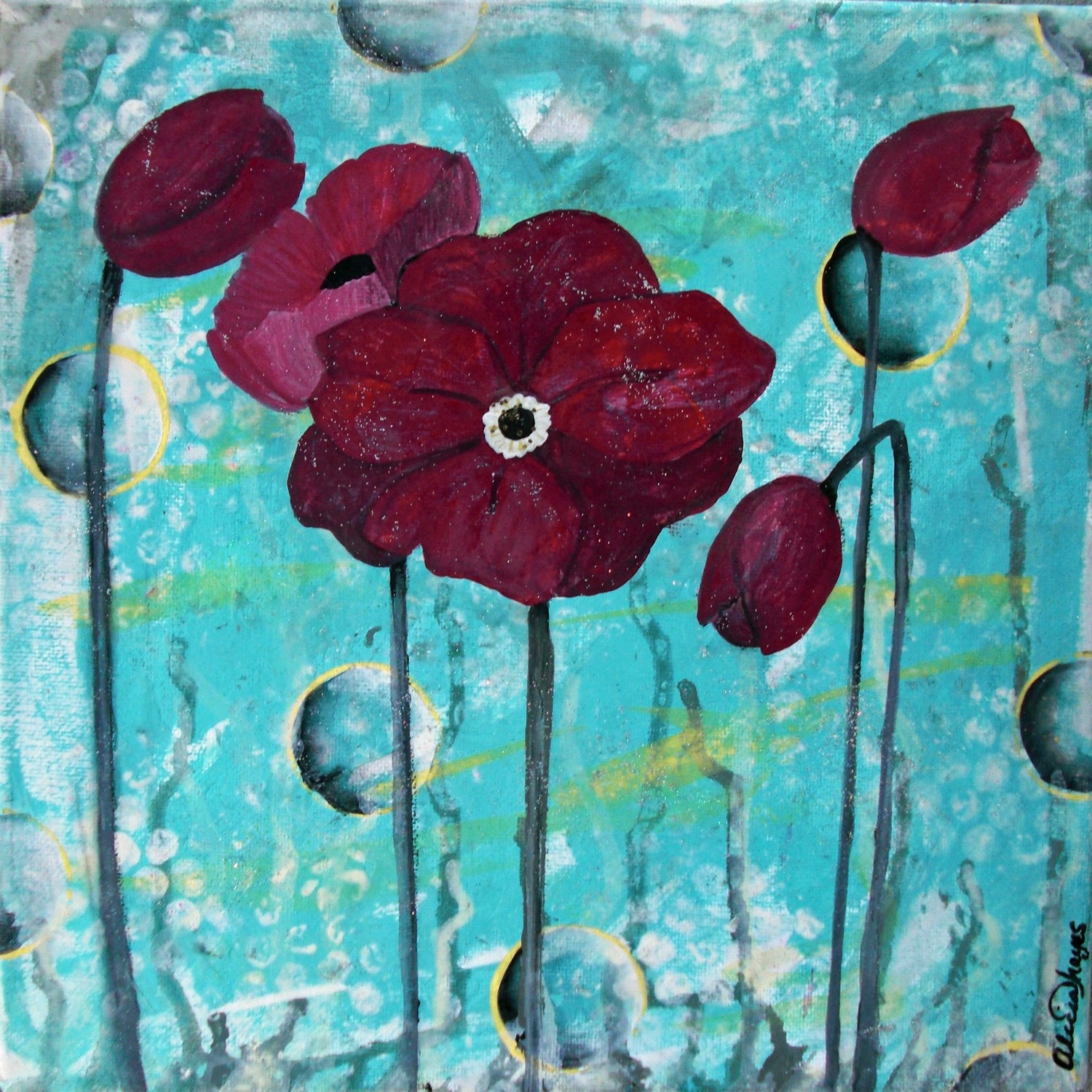 Original Mixed Media Painting Red Poppies Small Floral Art, Alicia Hayes