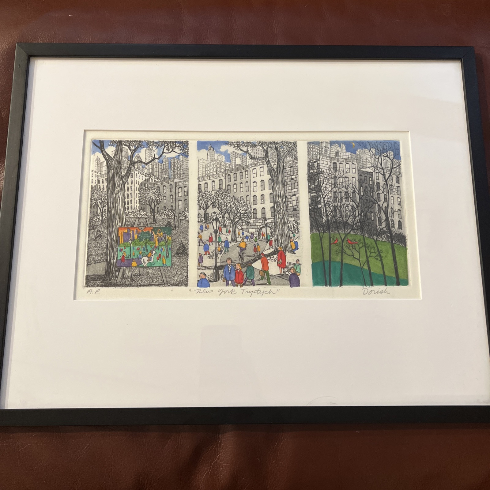 SIGNED JOHN DORISH New York Tryptich NYC Framed Artist Proof Etching 15”x19”