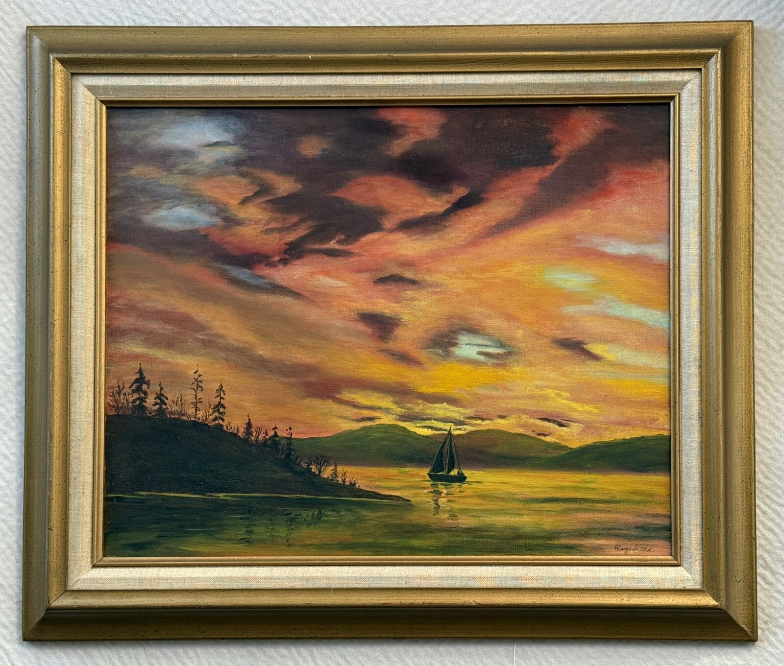 Vintage Original Oil On Canvas Serene Sunset Seascape Signed Ragnhild