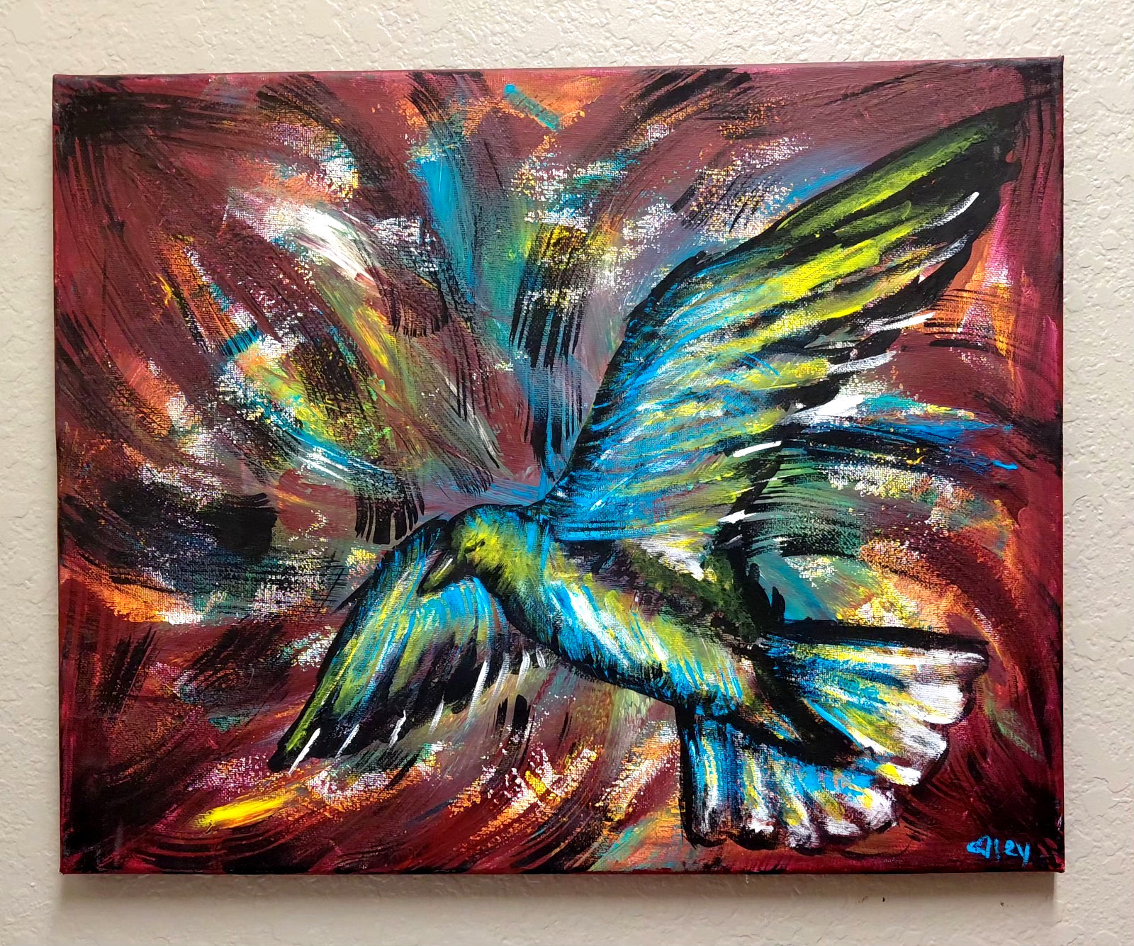 Abstract Bird Painting Expressive Wings in Flight Acrylic on Canvas Blue Green