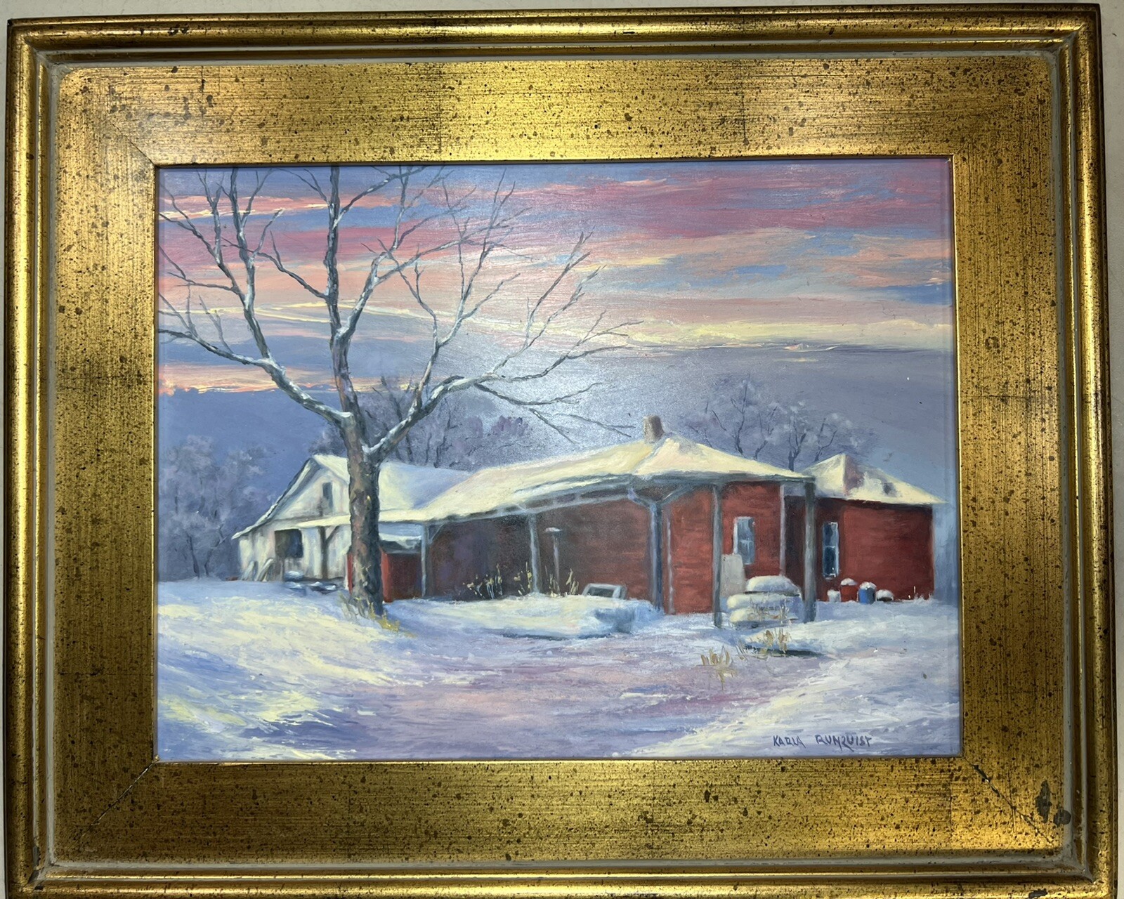 Oil on Canvas Painting The Red Barn in Winter Karla Runquist 18×22″ Framed Art