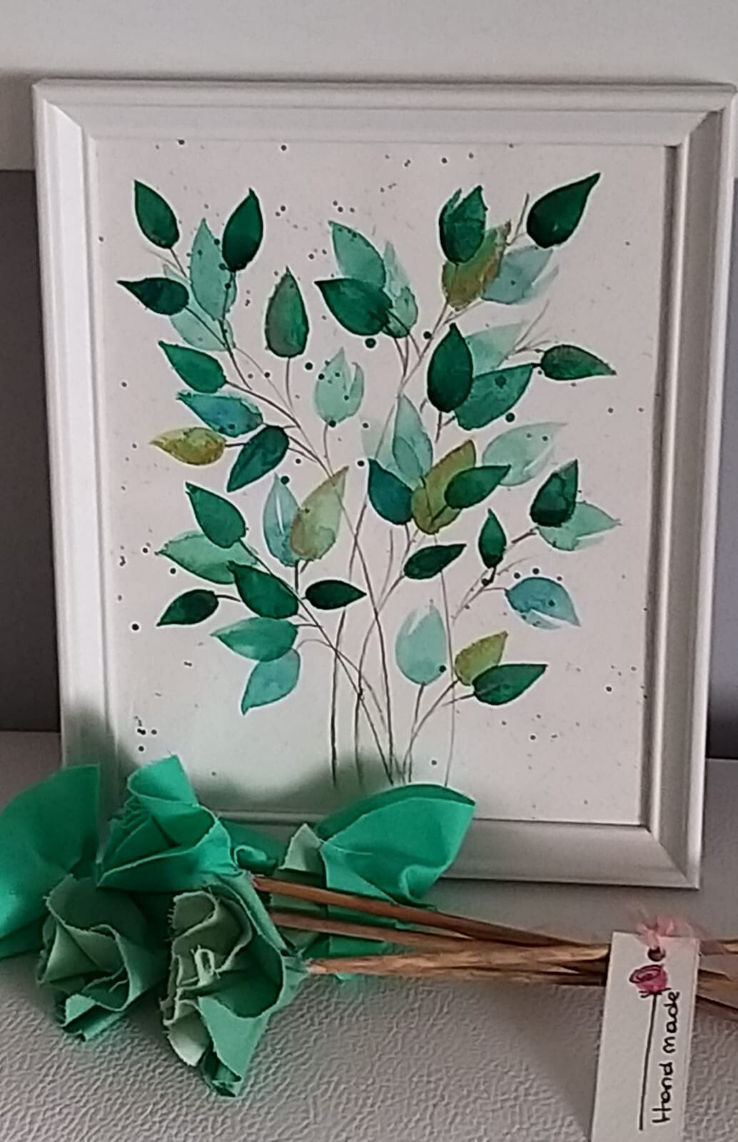 HOME DECOR original watercolor painting framed (9.5 X 12 in.) + Fabric Flowers