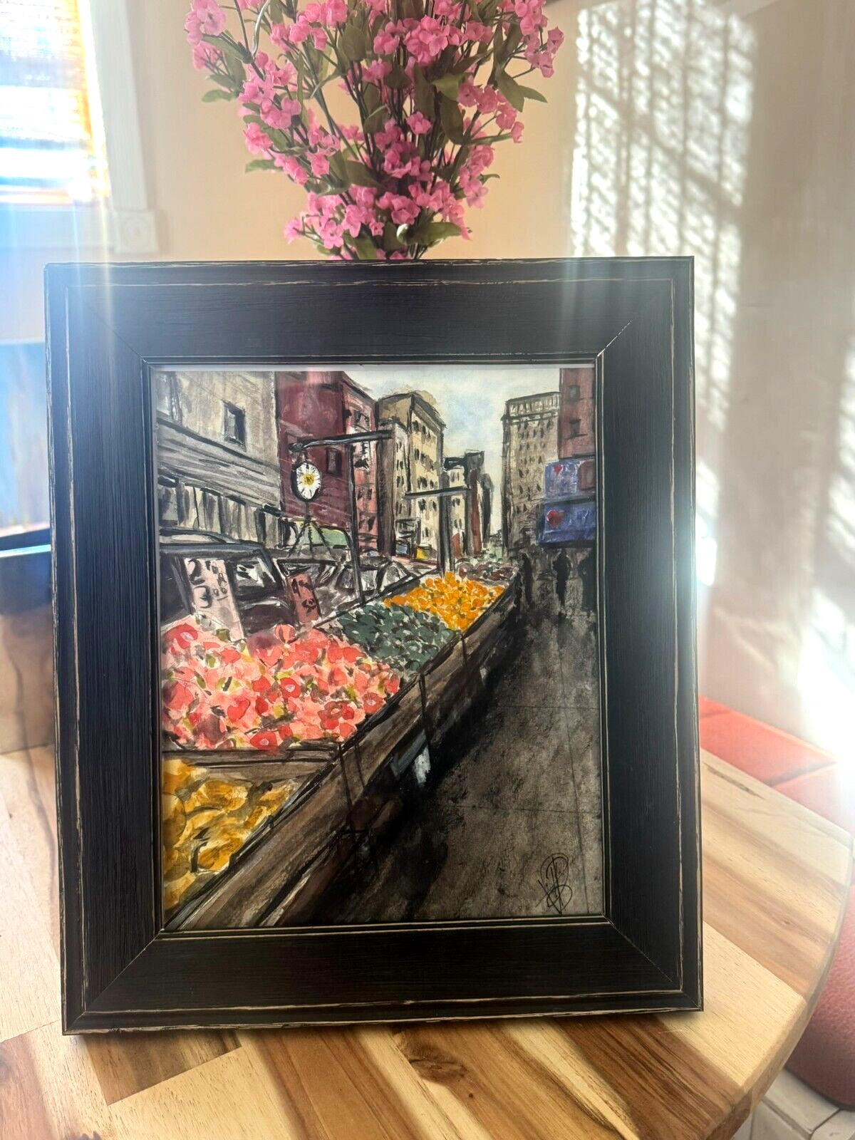 Original Watercolor Painting – NYC Little Italy Fruit Carts – 11×13 Framed Art,
