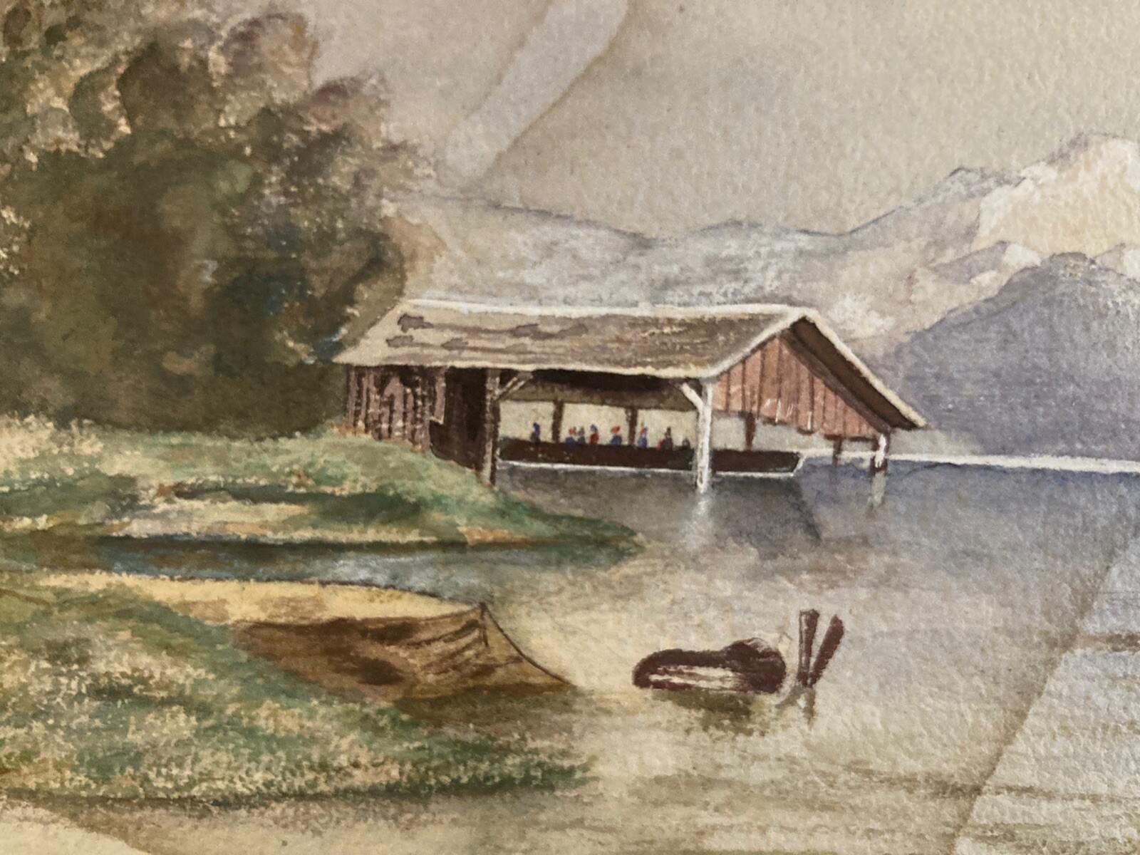 Very beautiful Gouache Original XIXth Art Watercolor Lake Mountain 1868 Antique