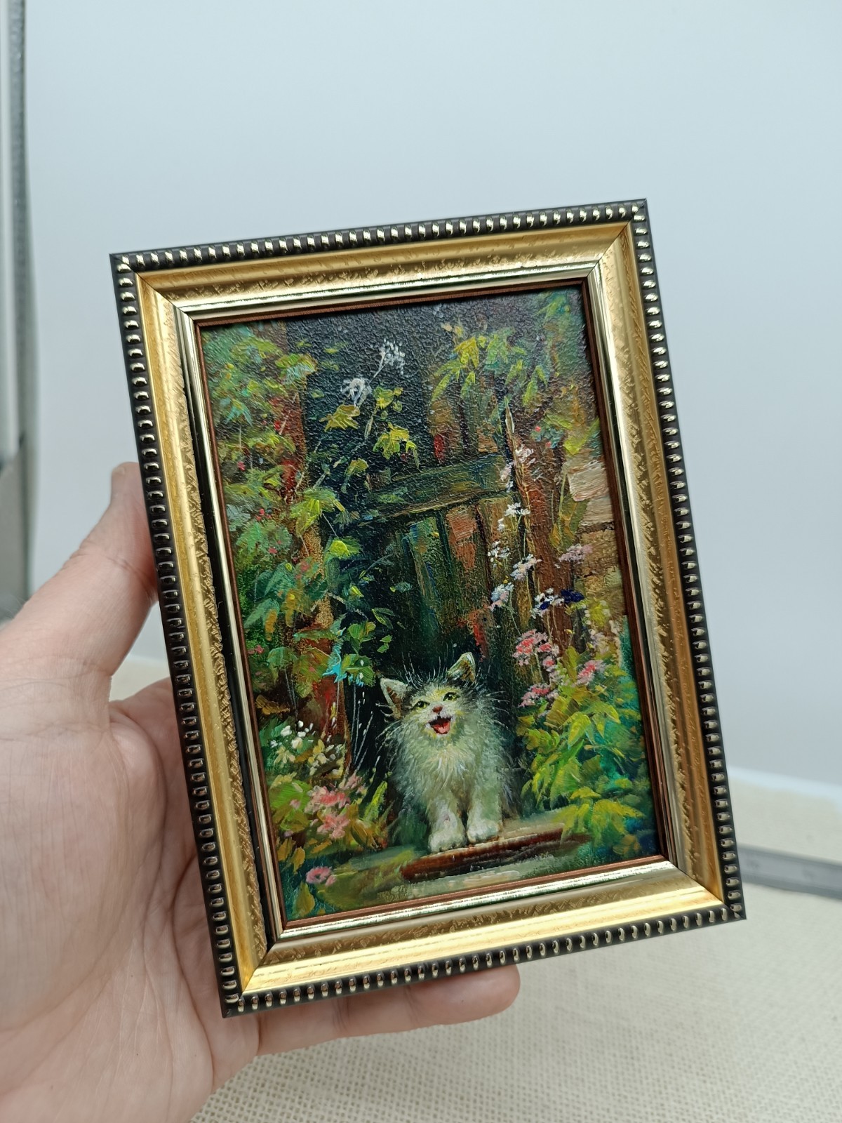 Cute Kitten Original Oil Painting 6×4 Gold Framed Signed Small Cat Art Pet Decor
