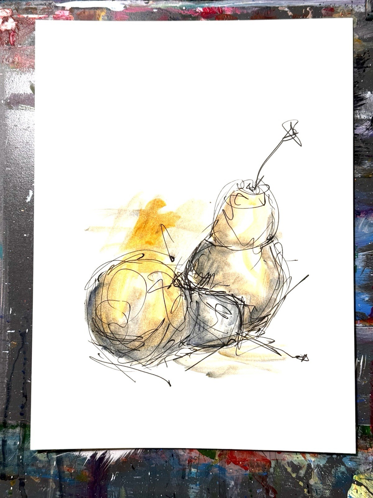 Original Abstract Expressionism 9X12 Pears Paper Ink Colorful Handmade Signed 15