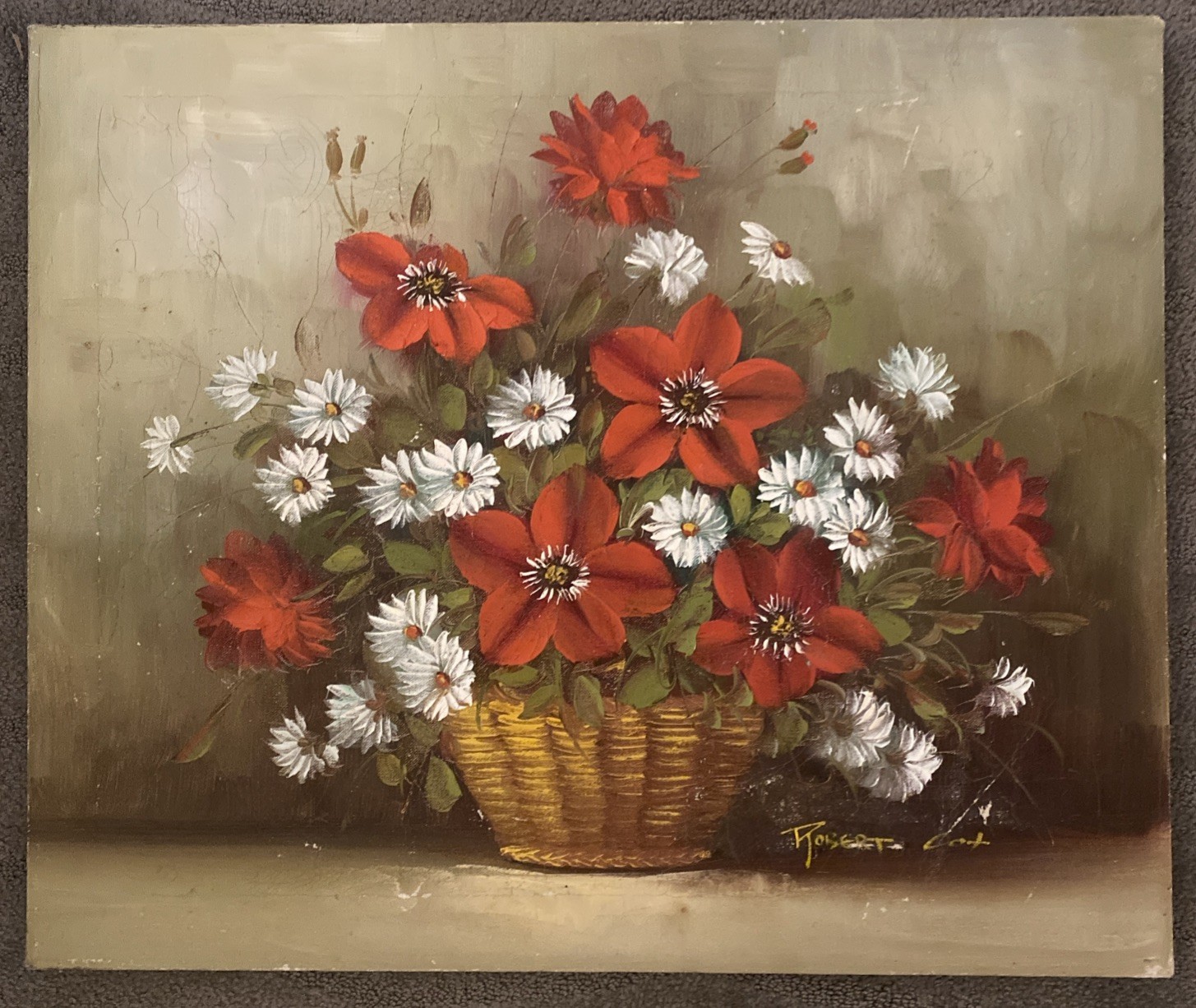 Vtg Signed Robert Cox Oil on Canvas Red Floral Daisies Still Life 24” X 20”