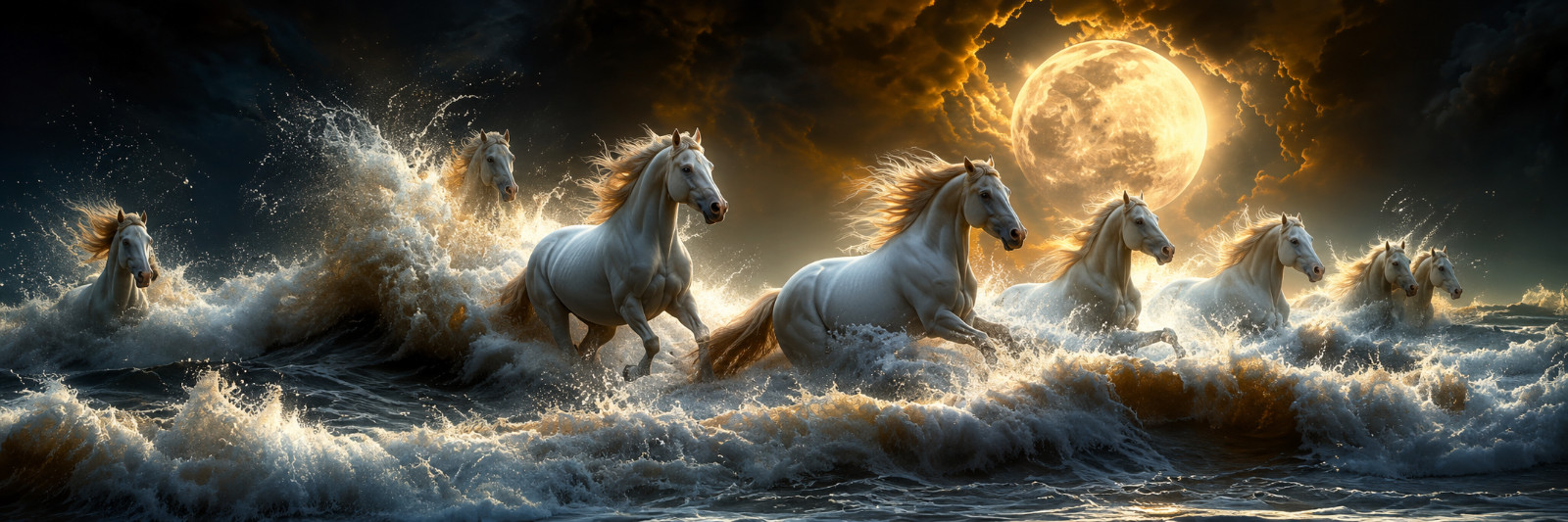 Original Hand-Painted Canvas Painting, White Horses Under Full Moon