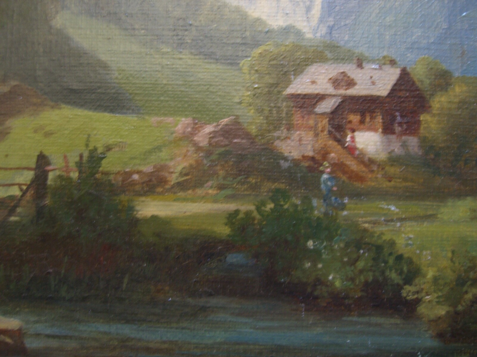 ::ROMANTIC CIRCA 1860 LANDSCAPE FOOTHILLS OF THE Alps oil painting antique frame signed miller
