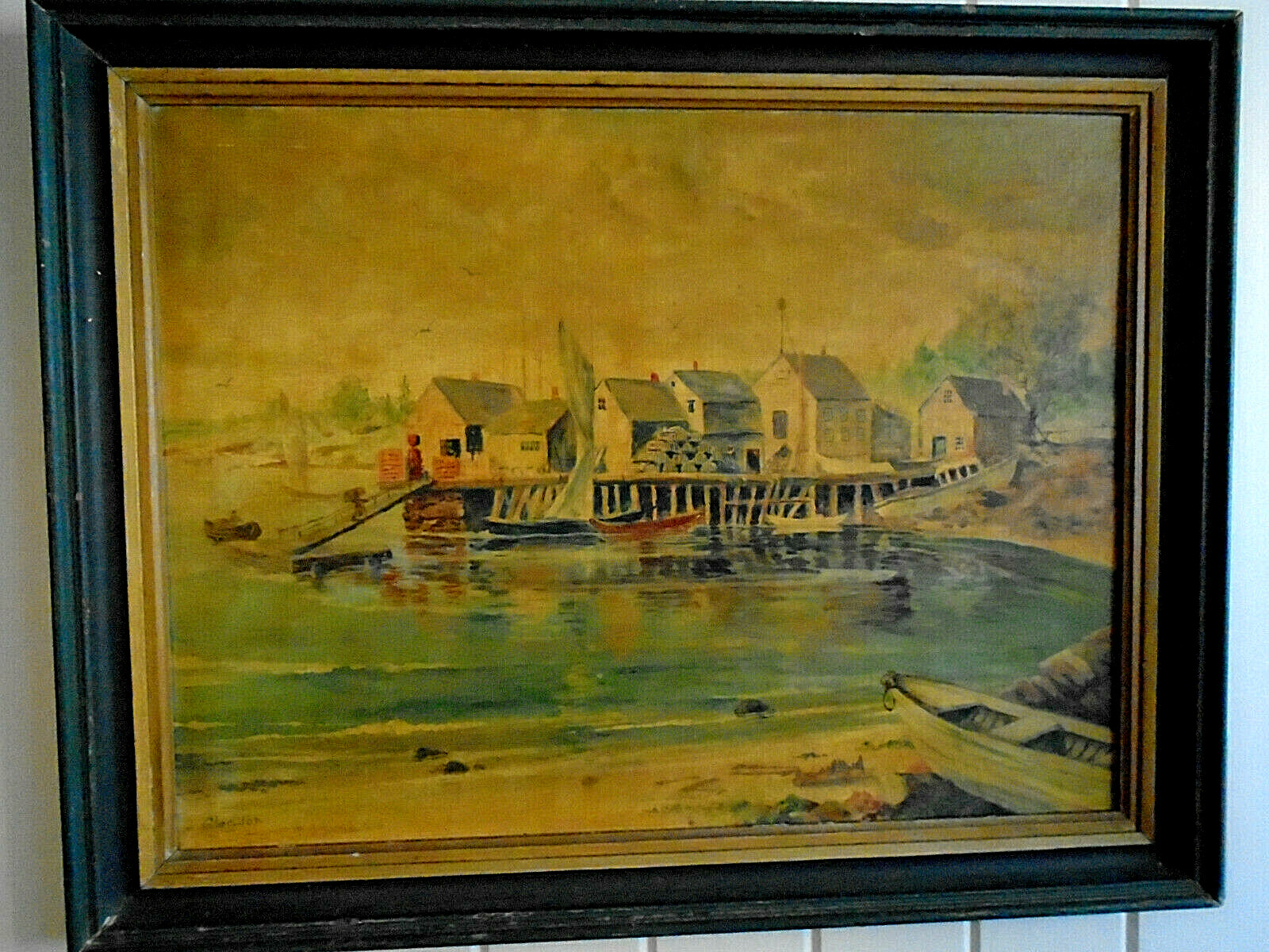 EARLY OIL PAINTING BOAT DOCK SCENE signed GLEASON New York label on back