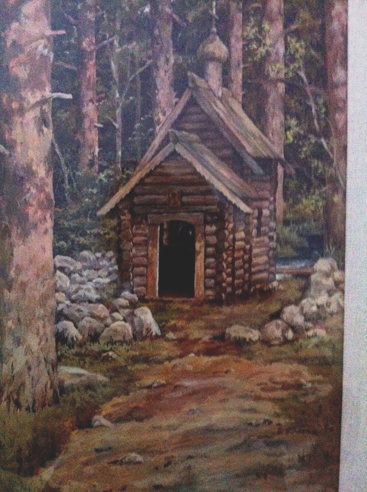Vintage LOG CABIN in the woods stunning LANDSCAPE Painting 19 x 14 art