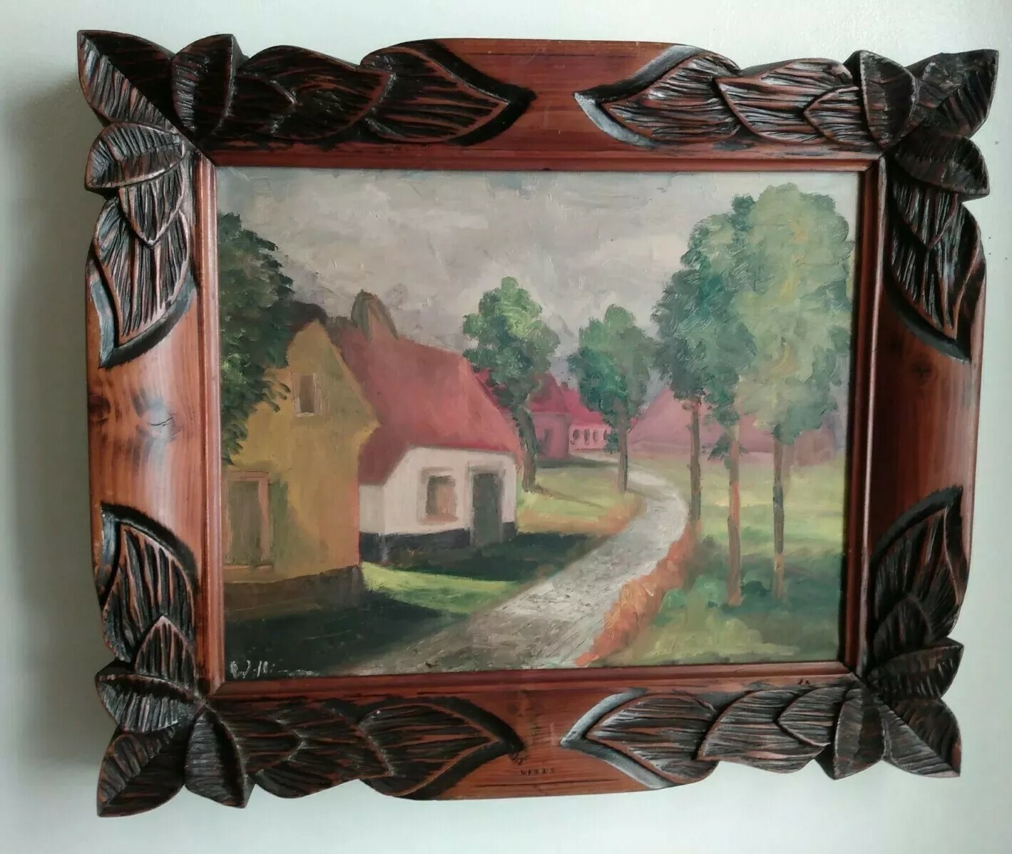 Old Painting Hand Carved Heavy Wood Frame Streetscape Original