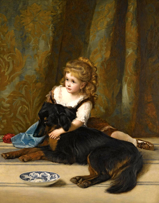 Art Giclee Printed Oil Painting Print Girl and dog portrait Canvas