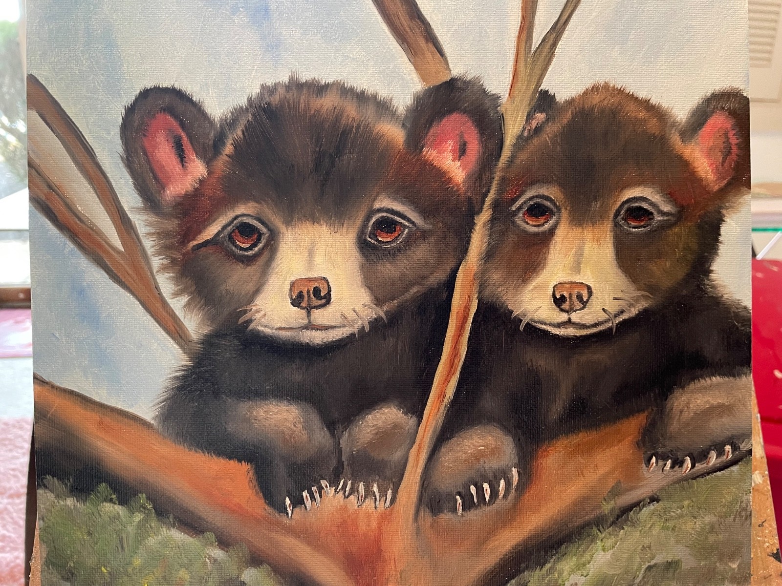 Original oil painting signed 11 x 14 in Bear cubs in a tree