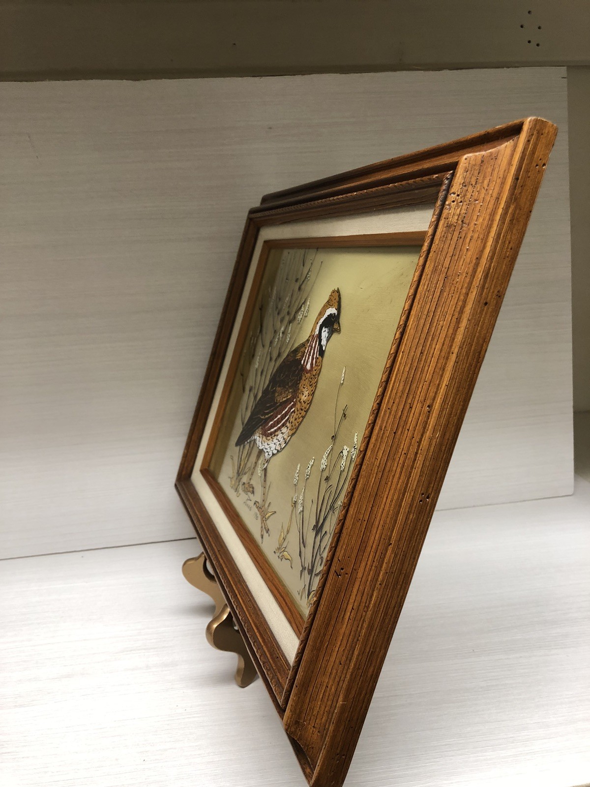 VTG Reverse Glass Art Painting Bowhite Quail Wood Framed Artist Signed 13×16”