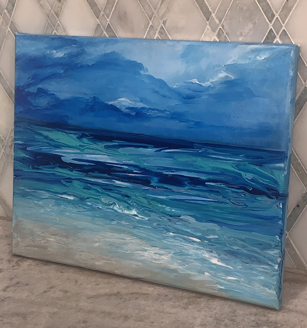 Original Modern Impressionist Oceanscape Beach Shades Of Blue Wht Canvas 11”x14”