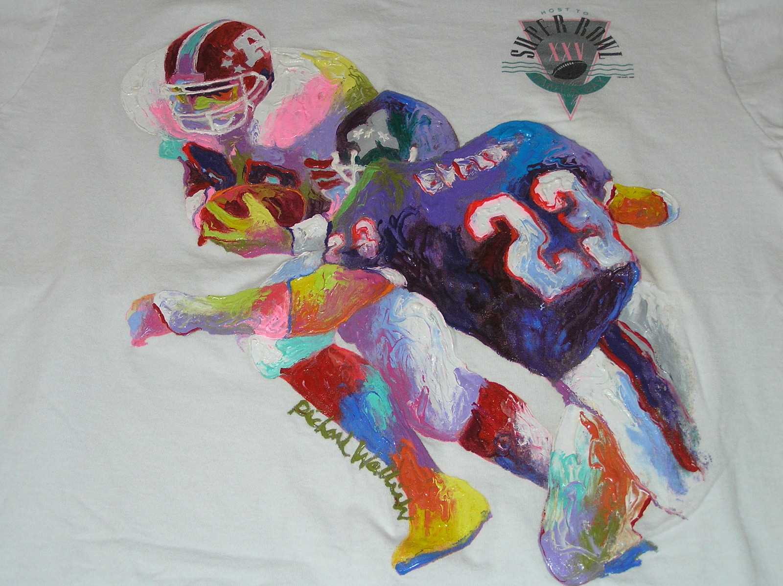 T-SHIRT SUPERBOWL XXV RICHARD WALLICH OIL PAINTING PICTURE WHITE L LARGE SIGNED