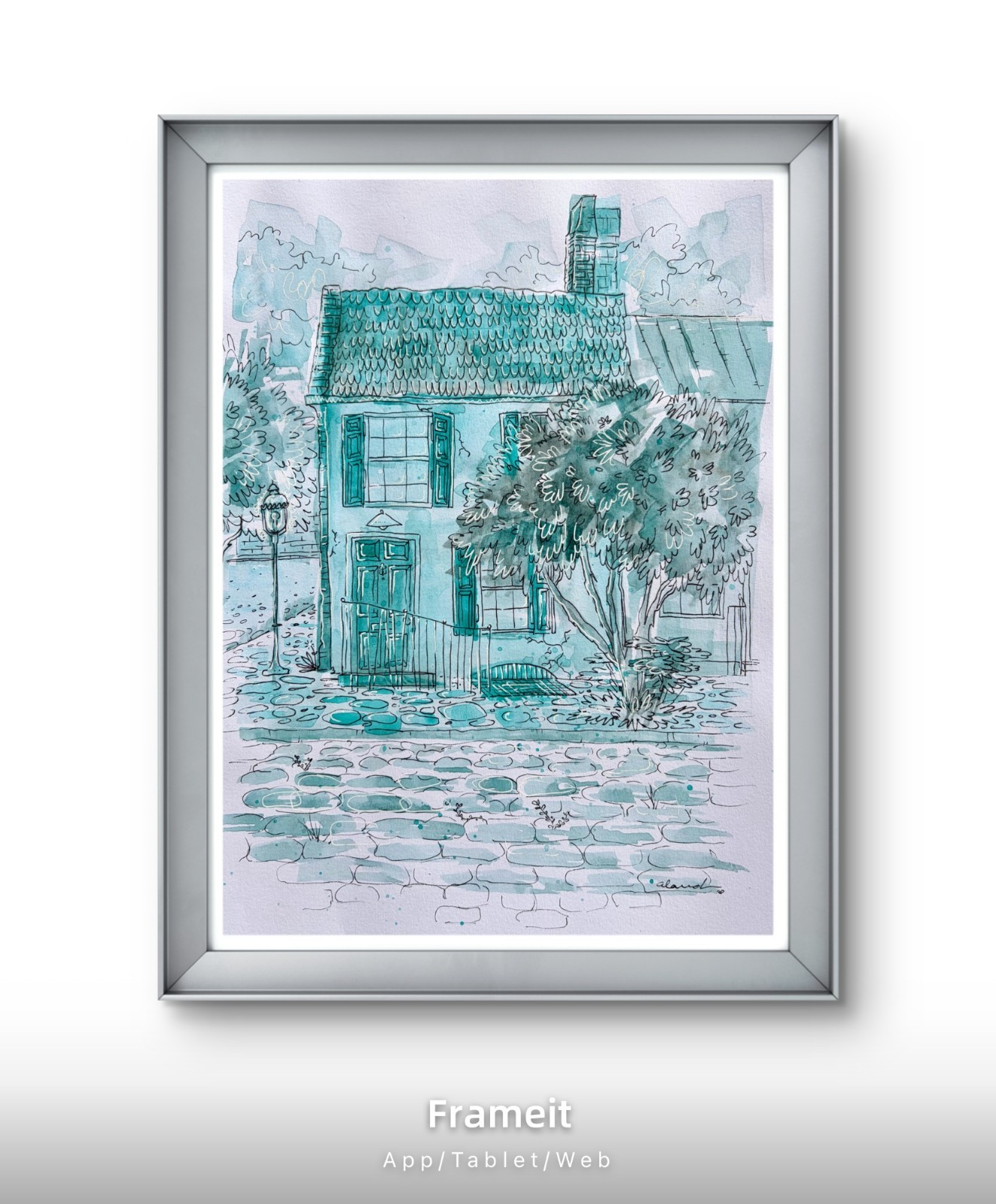 Blue House Painting By Alannah Dyer- Acrylic 9×12 in Beautiful Trendy Building