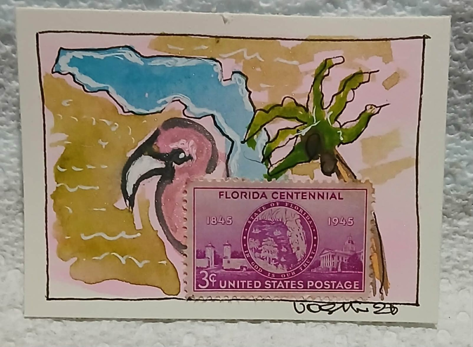 Postal Whimsy — OOAK 3¢ Florida Centennial Flamingo ACEO by Virginia Watercolor