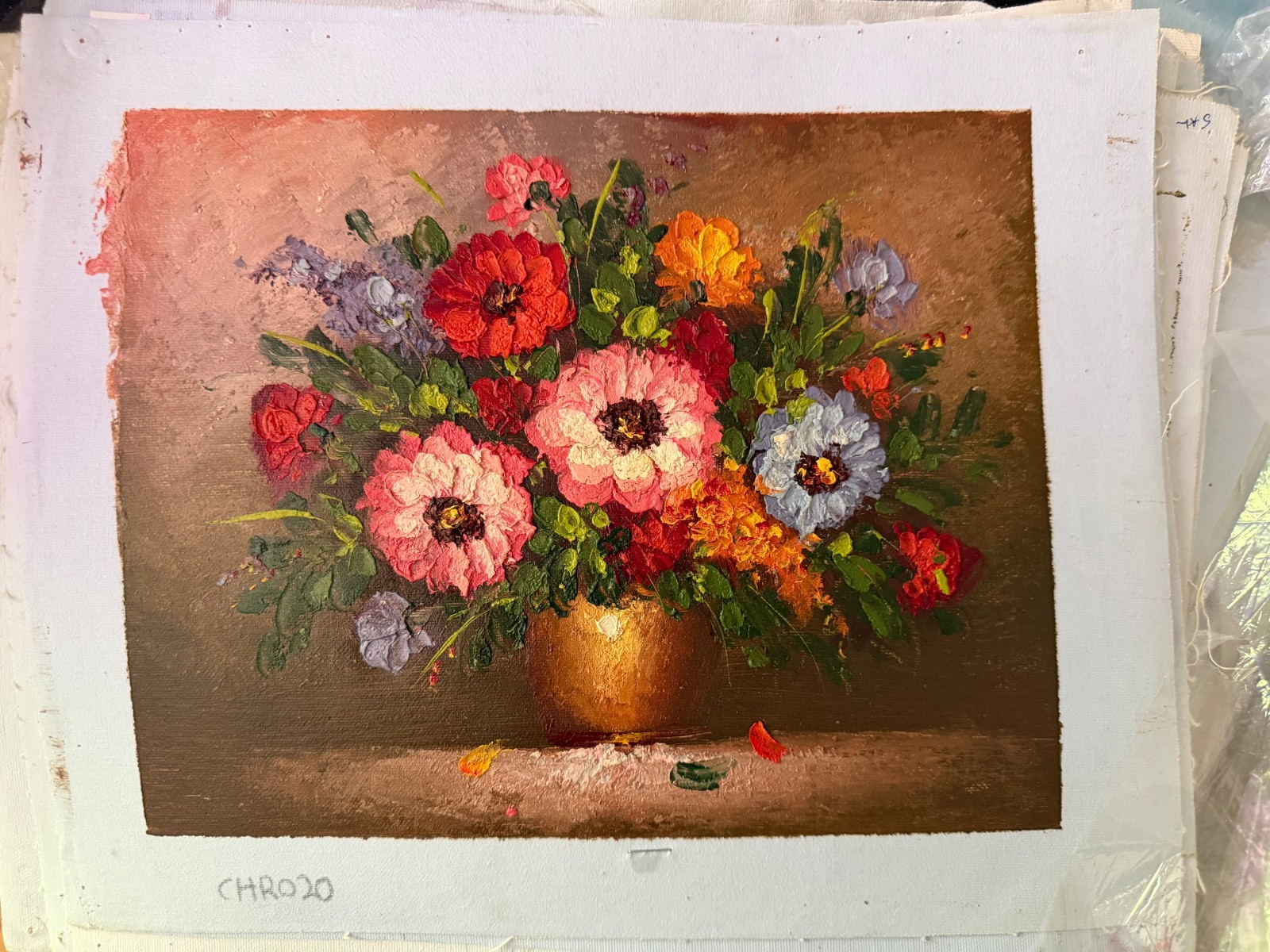 Vintage Floral Still Life Impasto Zinnia Bouquet Decorative Oil Painting Art