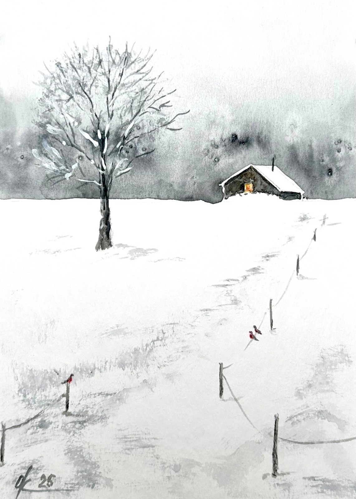 Minimalist Winter Landscape Watercolor Painting, Snowy Field with Tree and Cabin