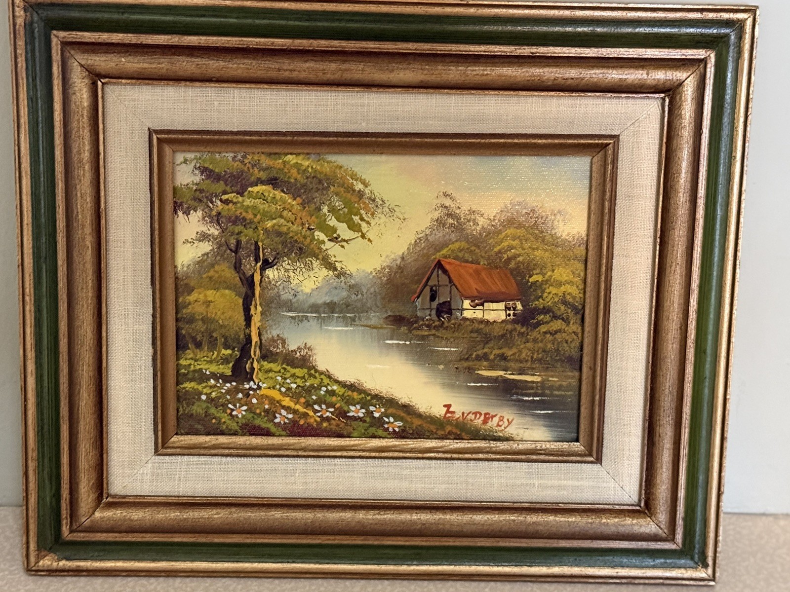 Vintage Original Miniature Oil Painting Artist Signed Framed Lakeside Cottage