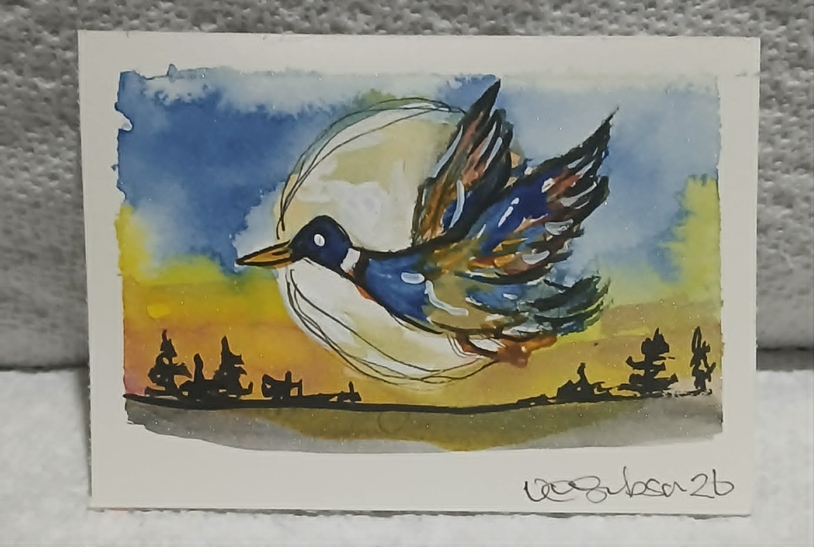 OOAK Duck in Flight ACEO Watercolor Miniature by Virginia Glowing Moon & Sunset