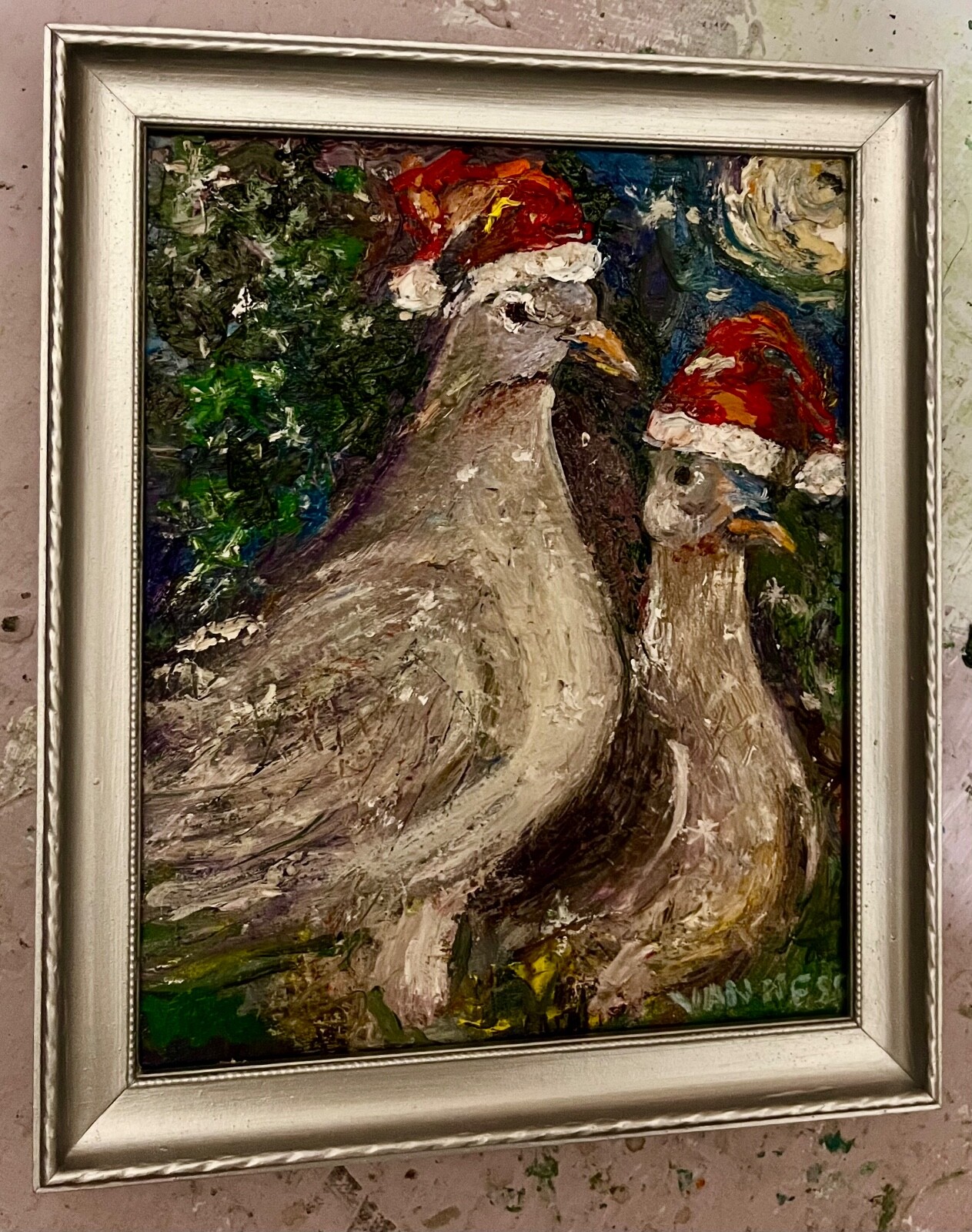 Two Turtle Doves, Original Oil Painting, Framed