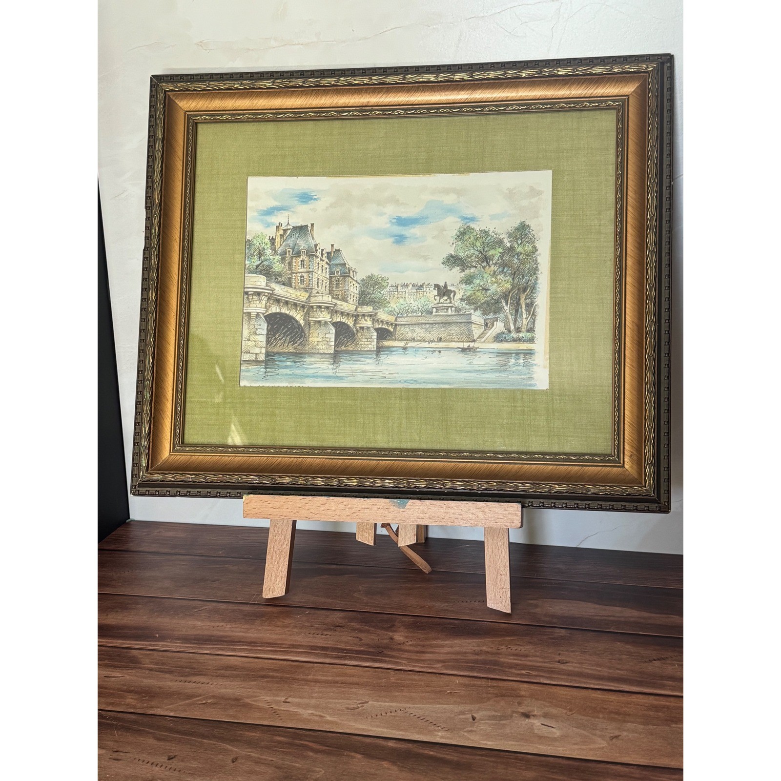 Vintage Paris Pont Neuf Vert Galant Watercolor Ink Framed Art Gold Ornate Frame