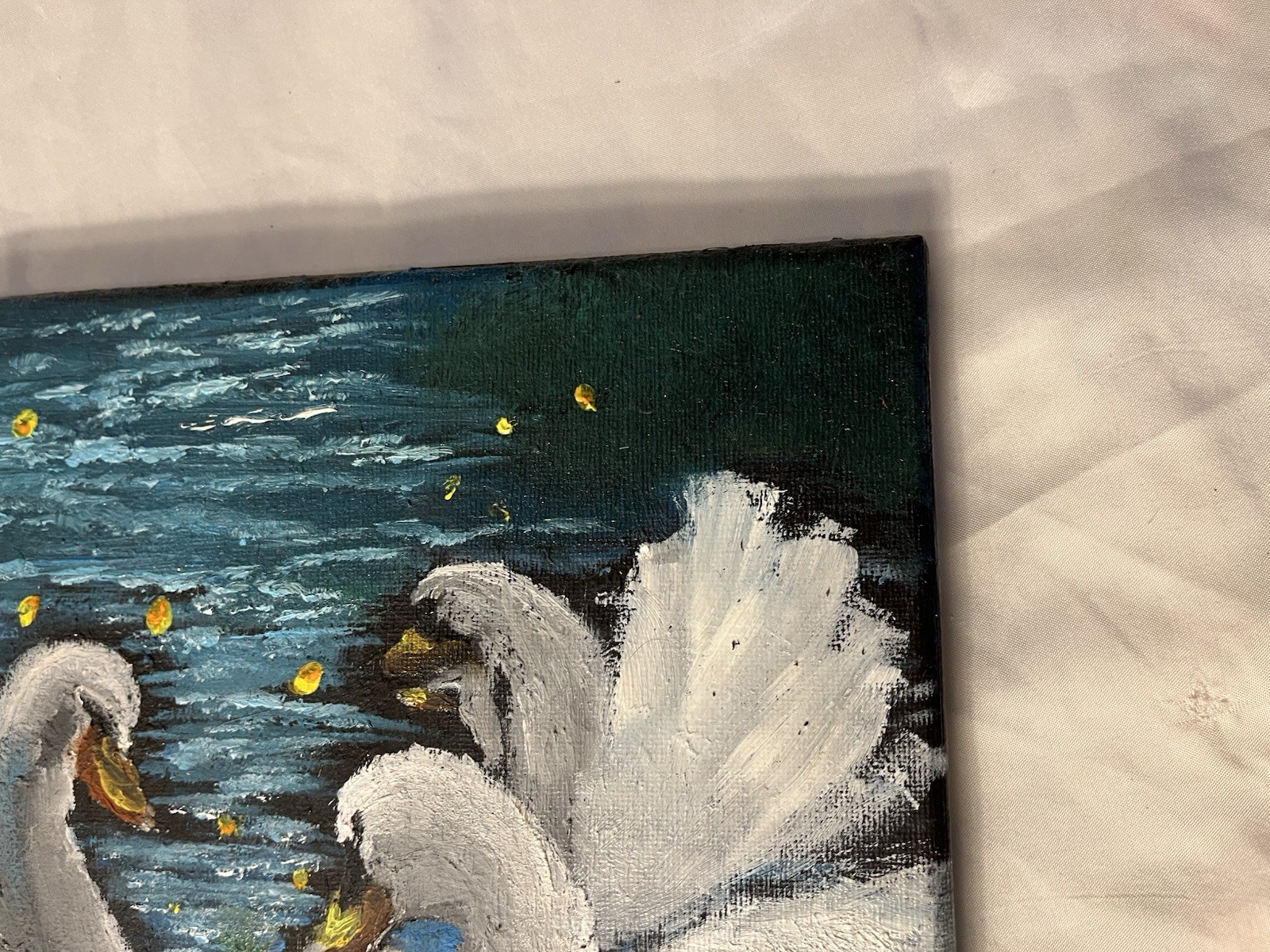 Original Impressionist Swans on Water Oil Painting on Canvas