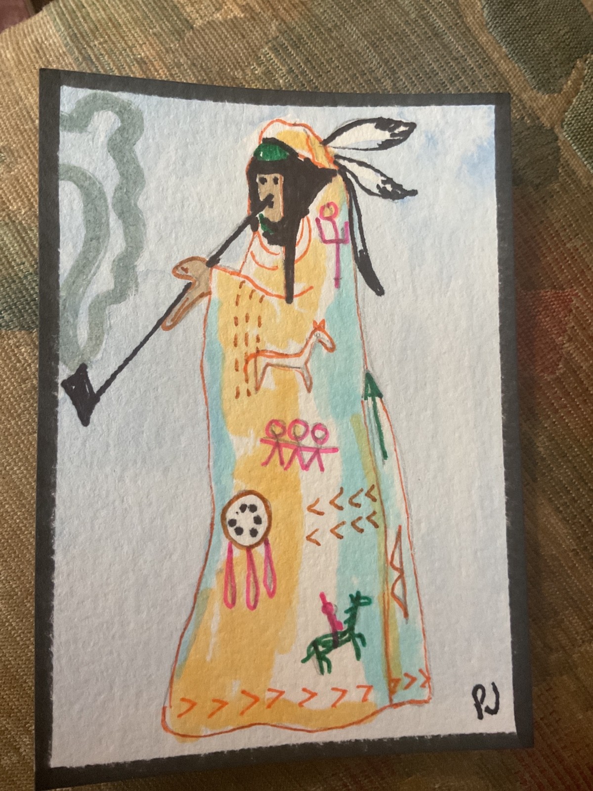 ACEO watercolor art by PJ, art card 2.5 x 3.5: peace Native American style.