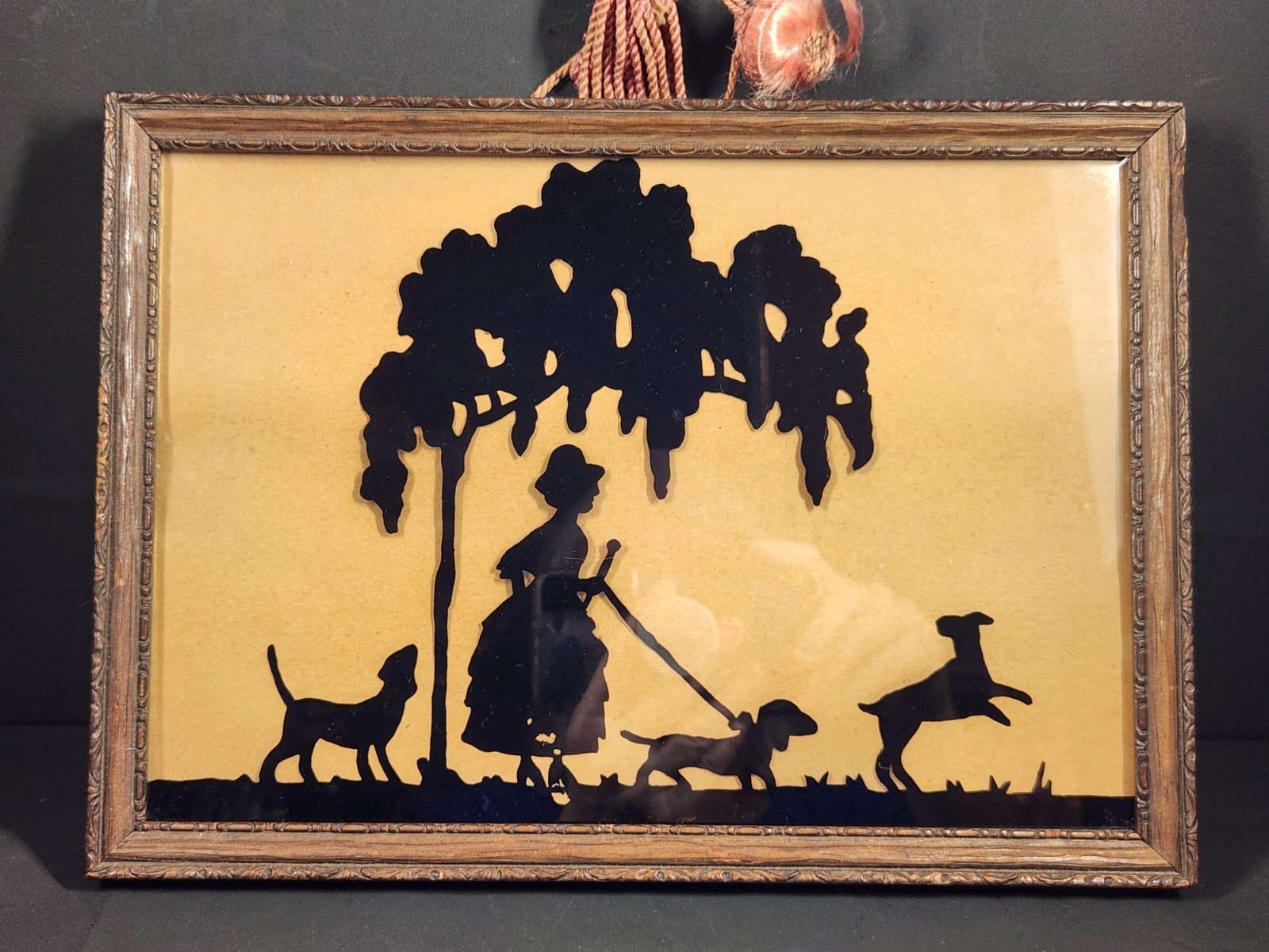 Antique reverse painting silhouette on glass woman with dogs READ