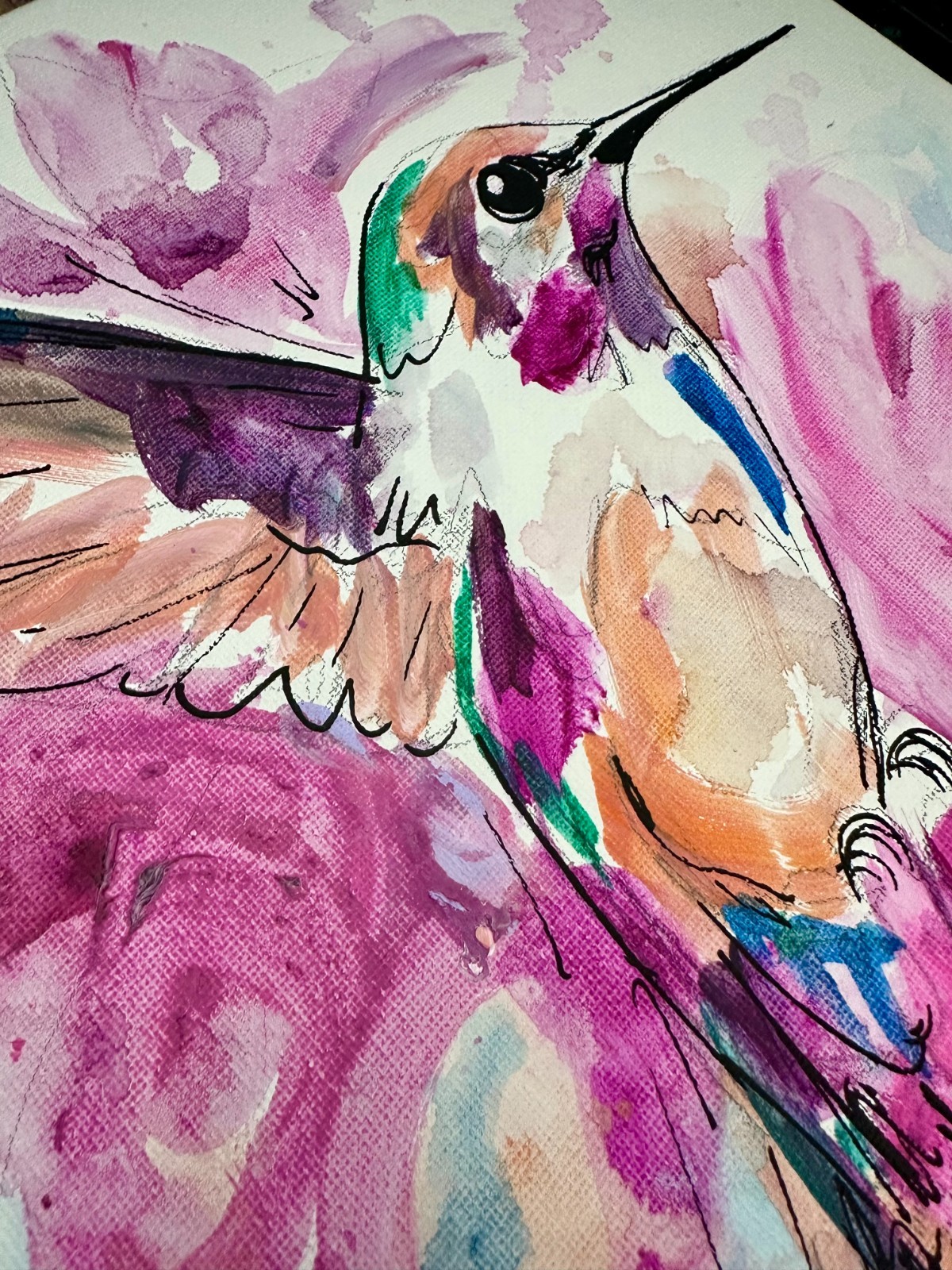 Hummingbird Painting Floral Bird Pinks 11×14 Original Garden Decor Modern Home