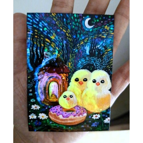 ACEO Original Cute Roosters UV Paint & Acrylic Radium Sky Starry Night Art NEW