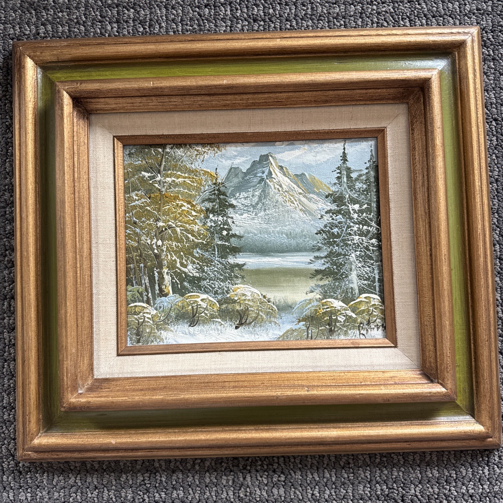 Mid Century Original Oil Painting Snowy Mountain Lake Forrest Signed 17”x16”