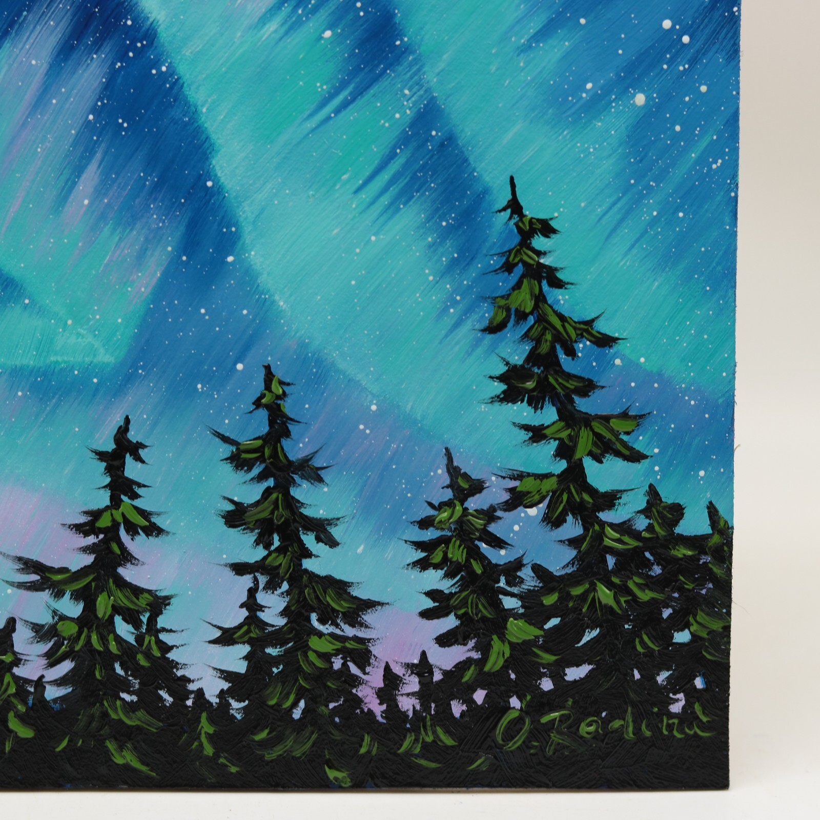 Northern Lights Oil Painting Original Pine Trees Under Aurora Borealis Night 8×8