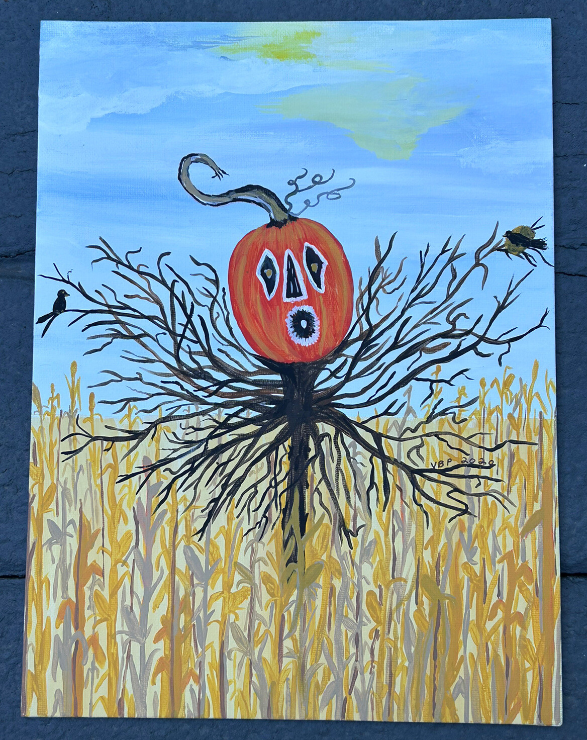 Folk Art Painting Canvas Fall Halloween Spooky Pumpkin Scarecrow Corn Fields