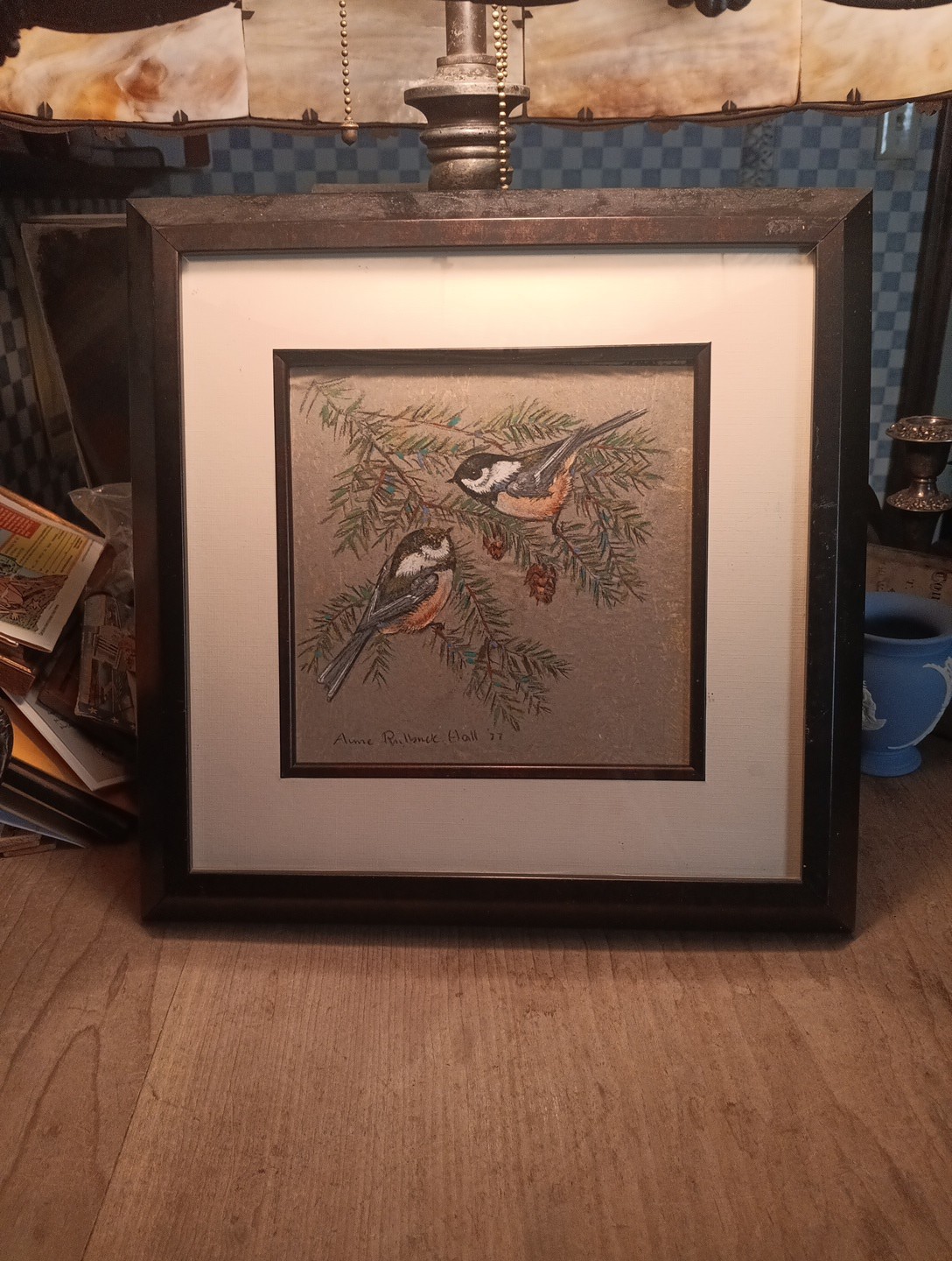 MAINE Artist Anne Railback Hall 1977 Pastel Birds Chickadees