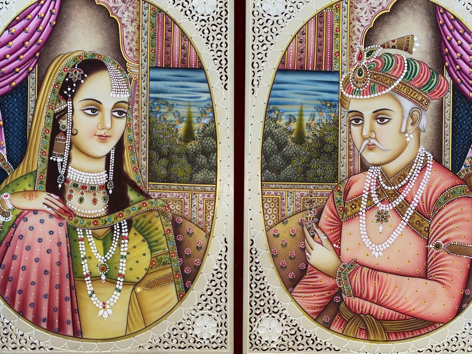 Mughal Portrait Painting Art Handmade Shah Jahan Mumtaz Mahal India Art Work